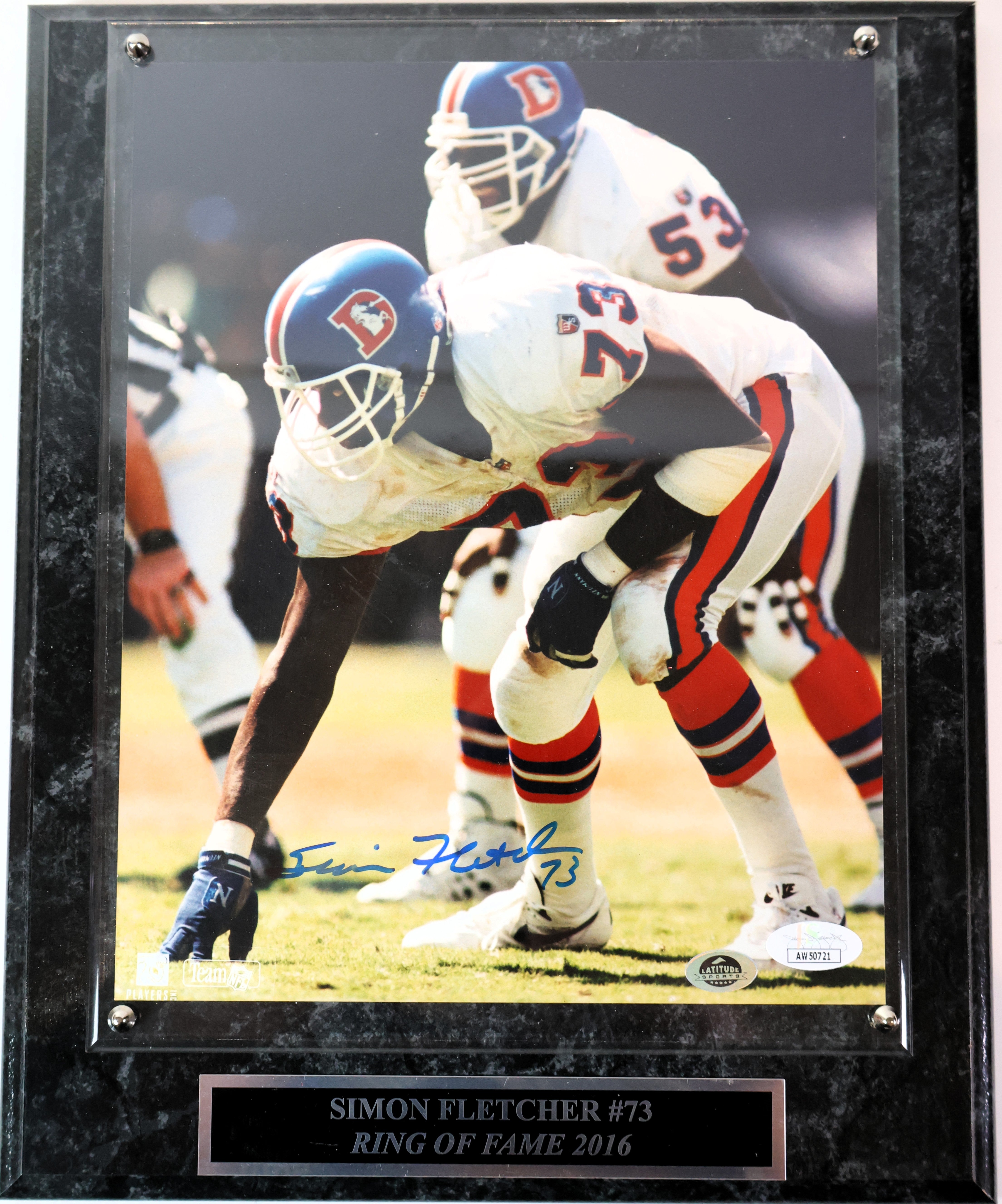 Simon Fletcher Autographed Denver Broncos 8x10 Photo with Plaque JSA COA