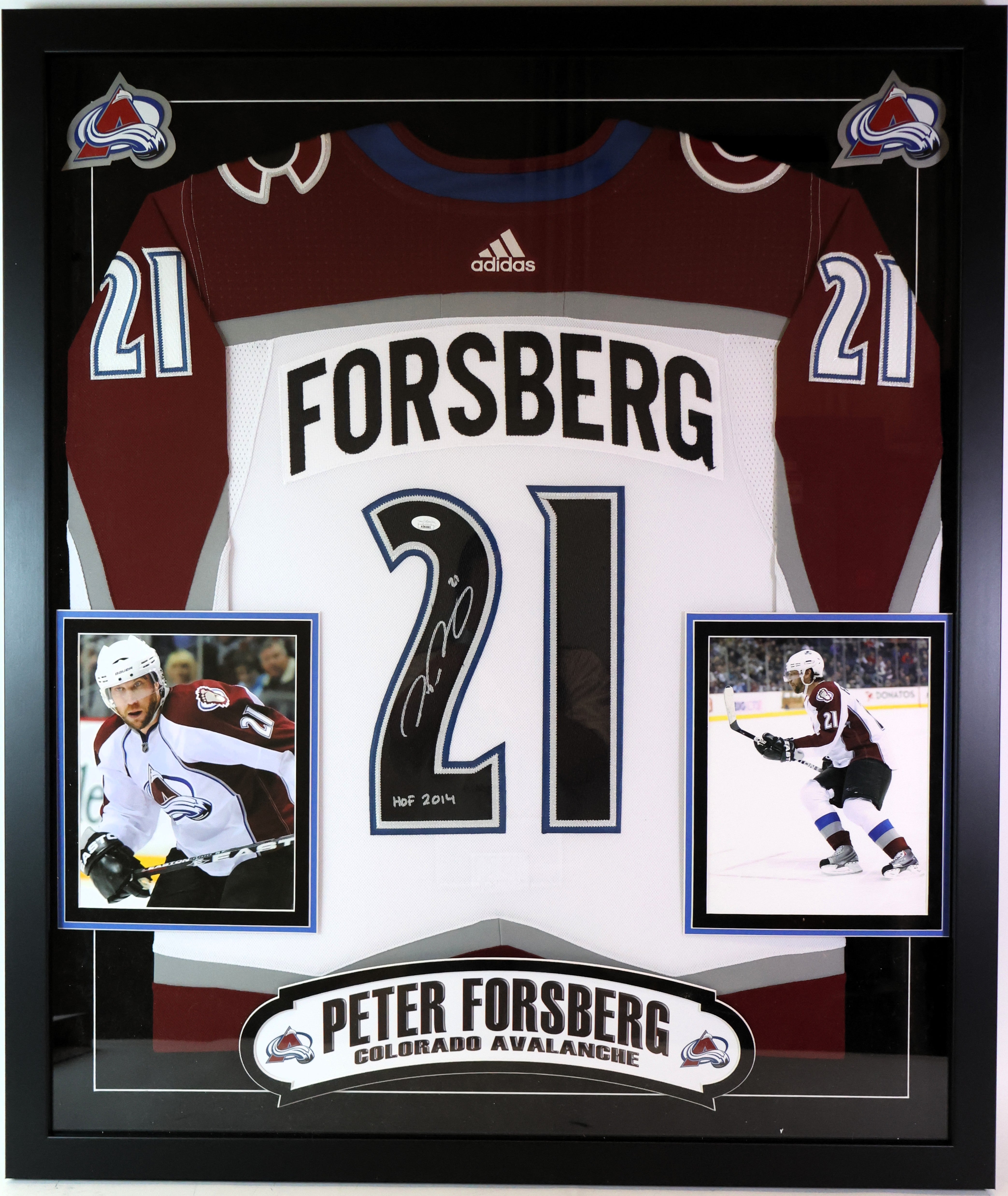 Peter Forsberg Autographed Colorado Avalanche Jersey with 2 Photos - Deluxe Framed JSA COA