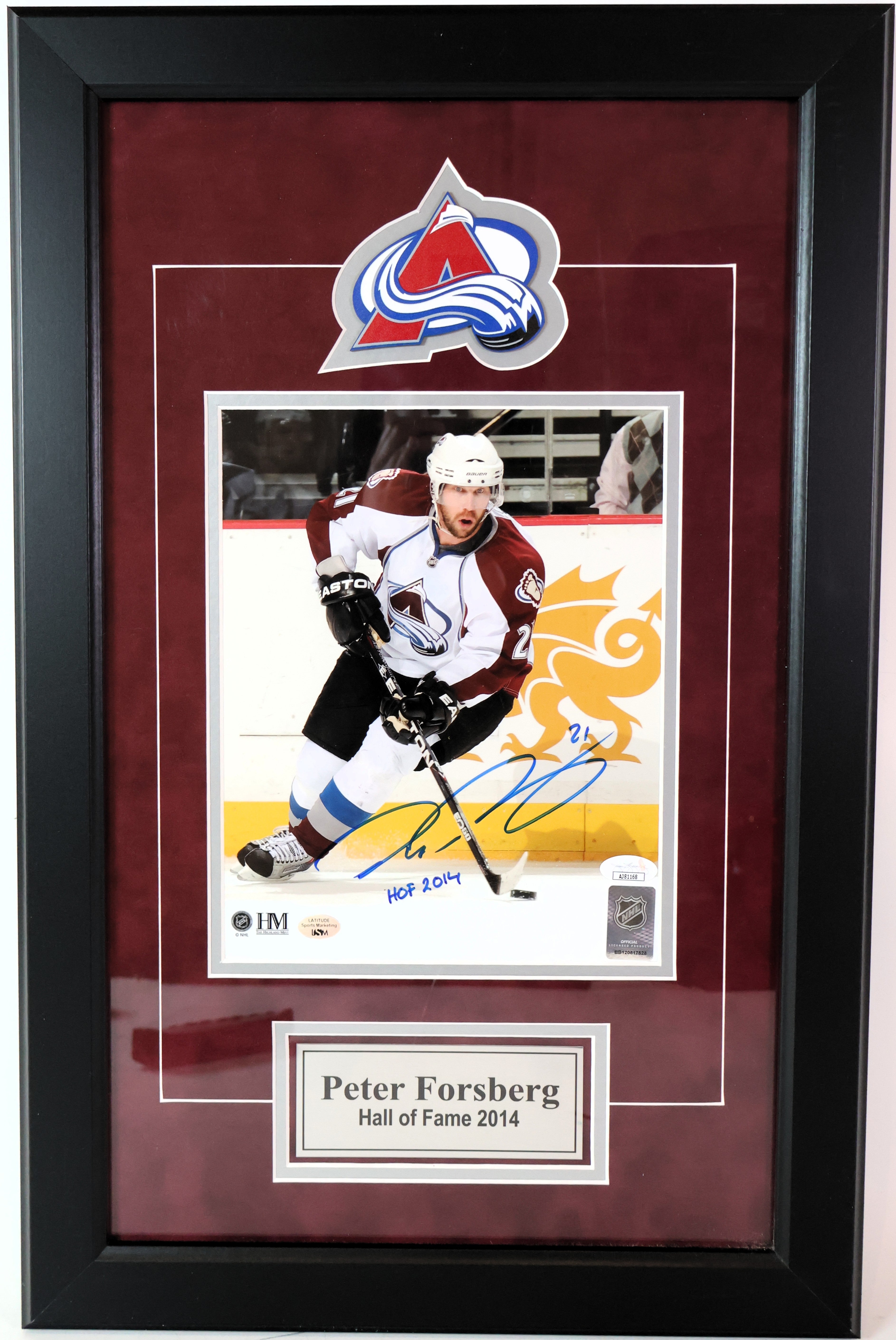 Peter Forsberg Autographed CO Avalanche Framed 8x10 Photo Inscribed "HOF 2014" JSA COA
