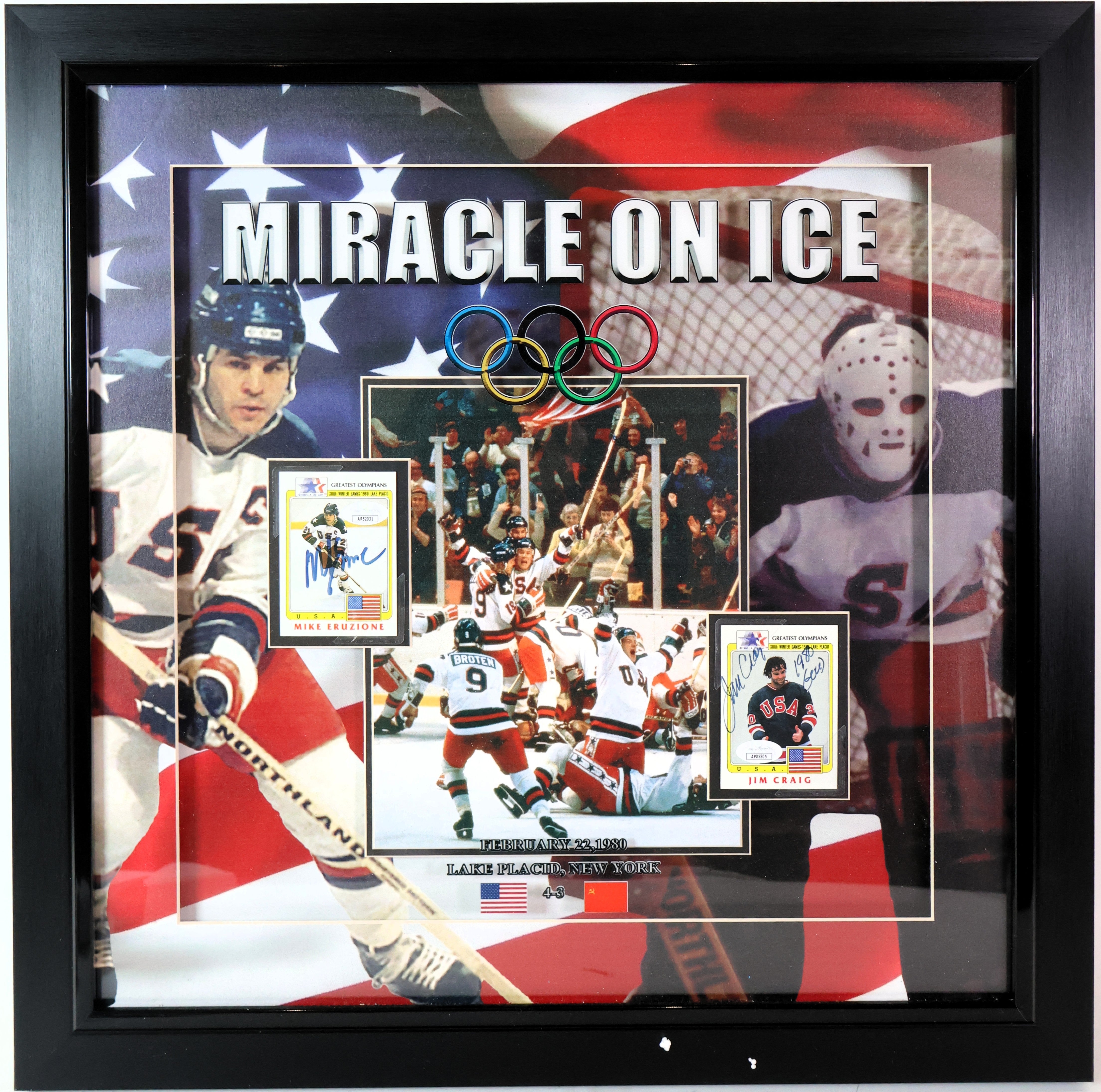 Mike Eruzione and Jim Craig Autographed Miracle On Ice Playing Cards with 8x10 Photo Framed JSA COA