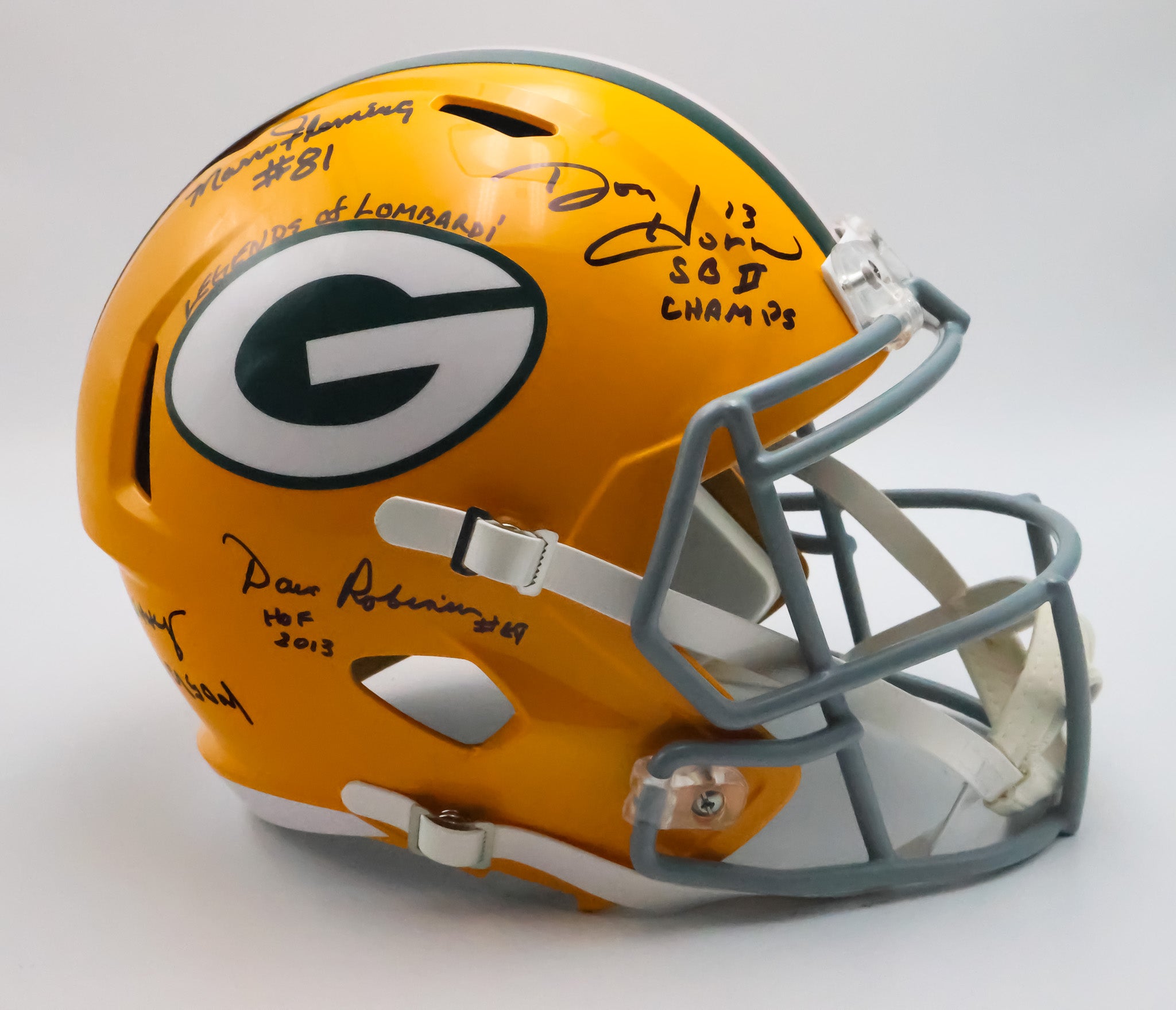 Packers Replica Helmet signed by Marv Fleming, Don Horn, Donny Anderson, Dave Robinson and Jim Grabowski " Legends of Lombardi" Inscription