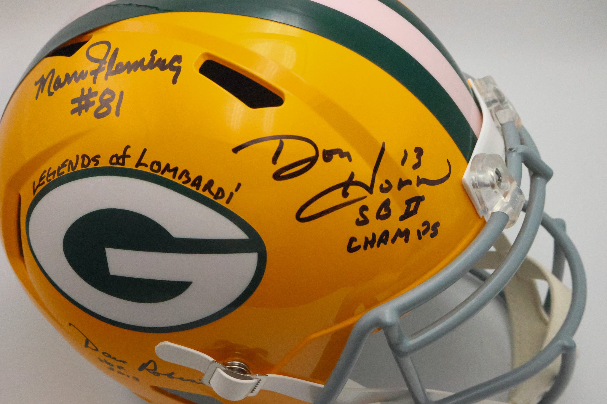 Packers Replica Helmet signed by Marv Fleming, Don Horn, Donny Anderson, Dave Robinson and Jim Grabowski " Legends of Lombardi" Inscription