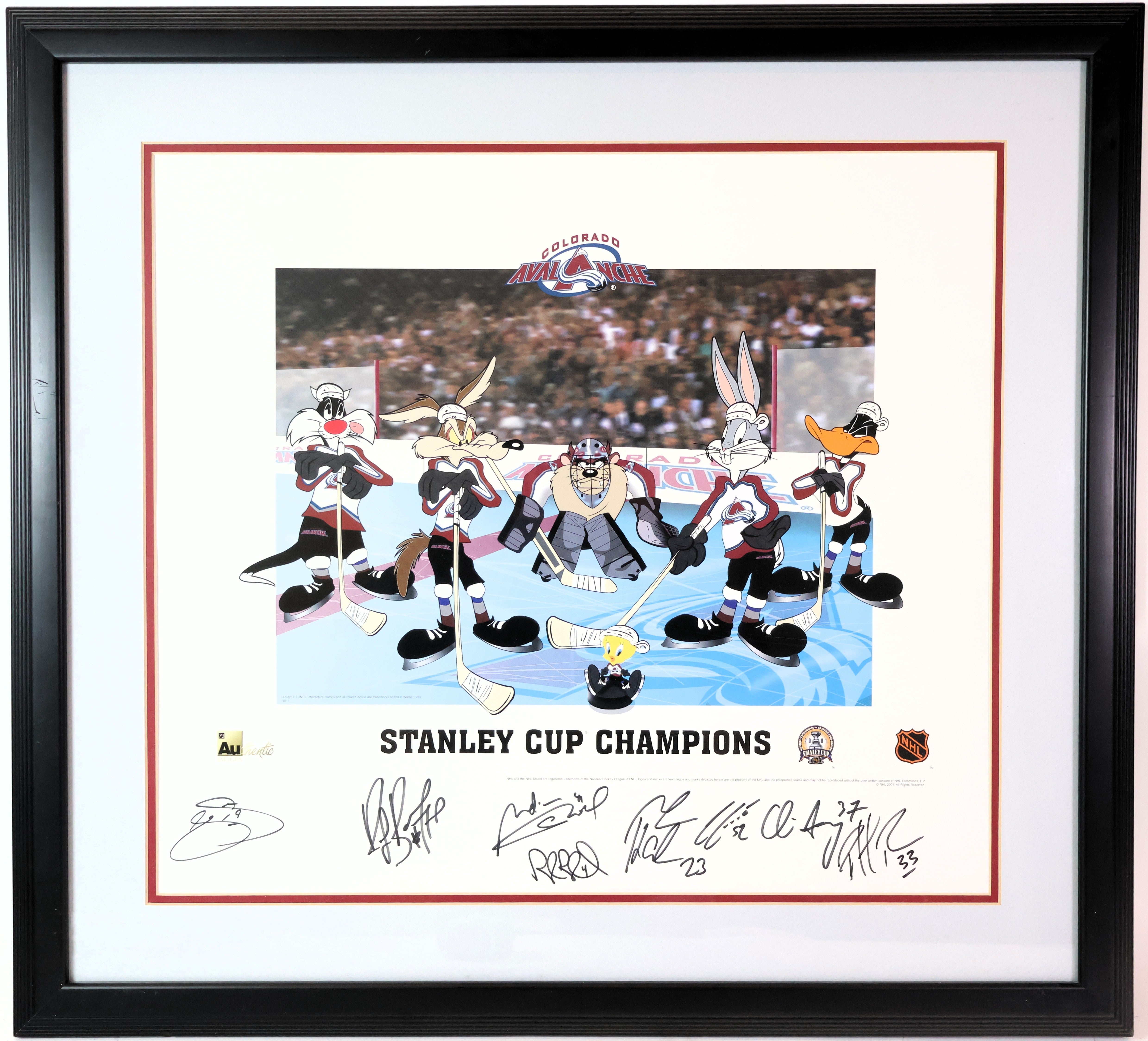 Sakic, Bourque, Skoula, Blake, Hejduk, Foote, Drury, & Roy Autographed Looney Tunes Lithograph LSM COA