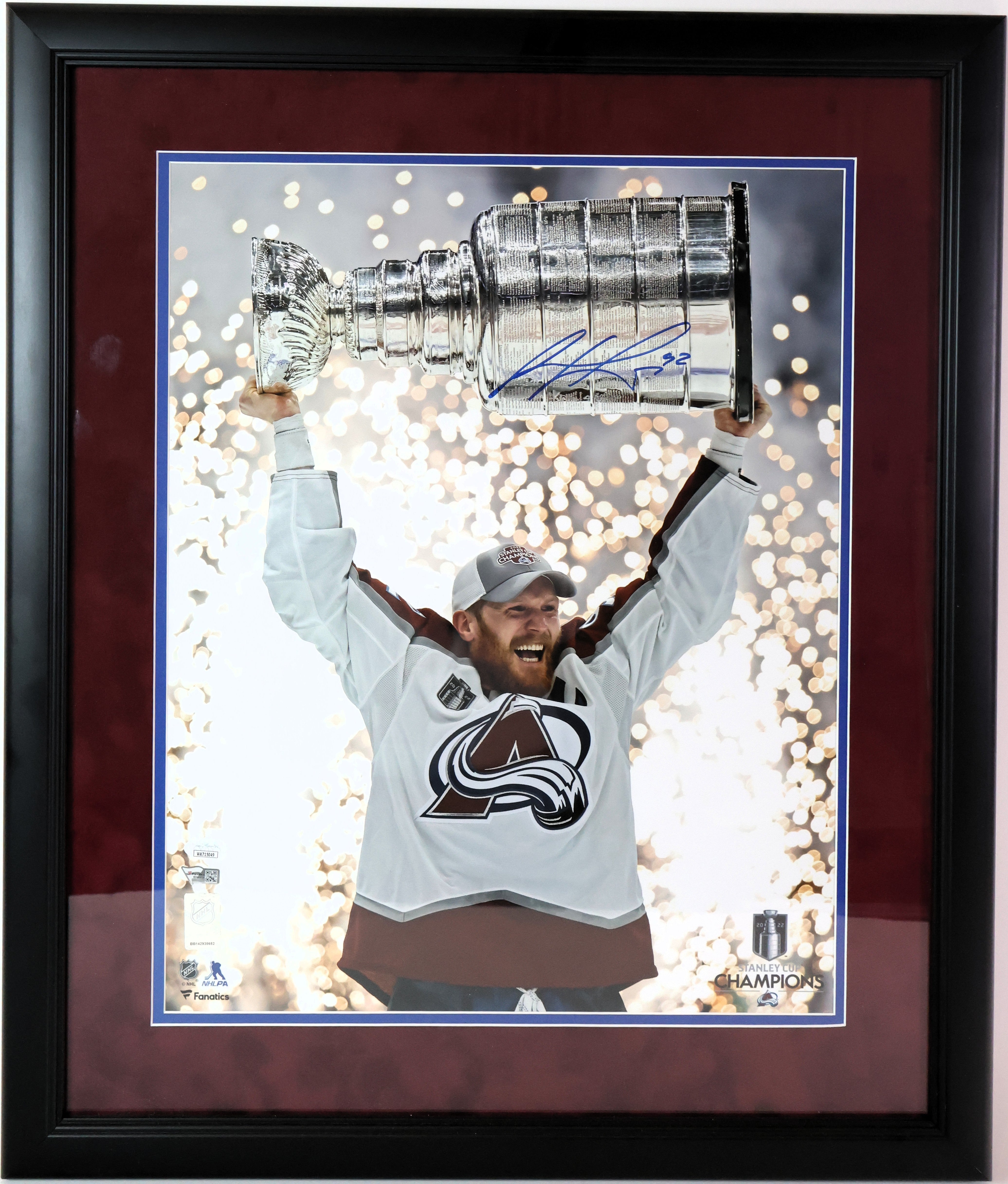 Gabe Landeskog Autographed 16x20 Holding Cup Photo Red Matte Deluxe Framed JSA COA