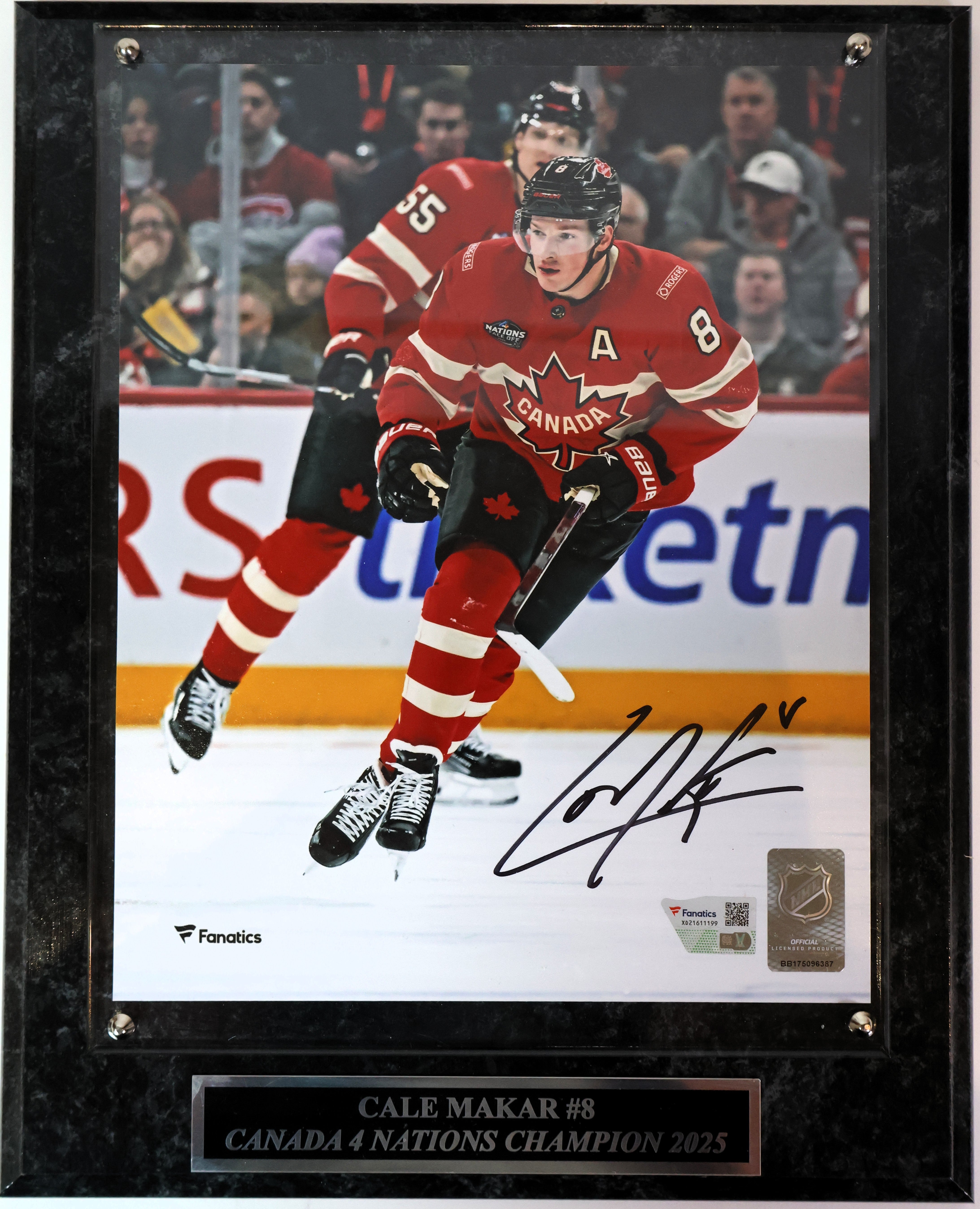 Cale Makar Autographed CO Avalanche Team Canada 4 Nations 8x10 Photo with Plaque Fanatics COA