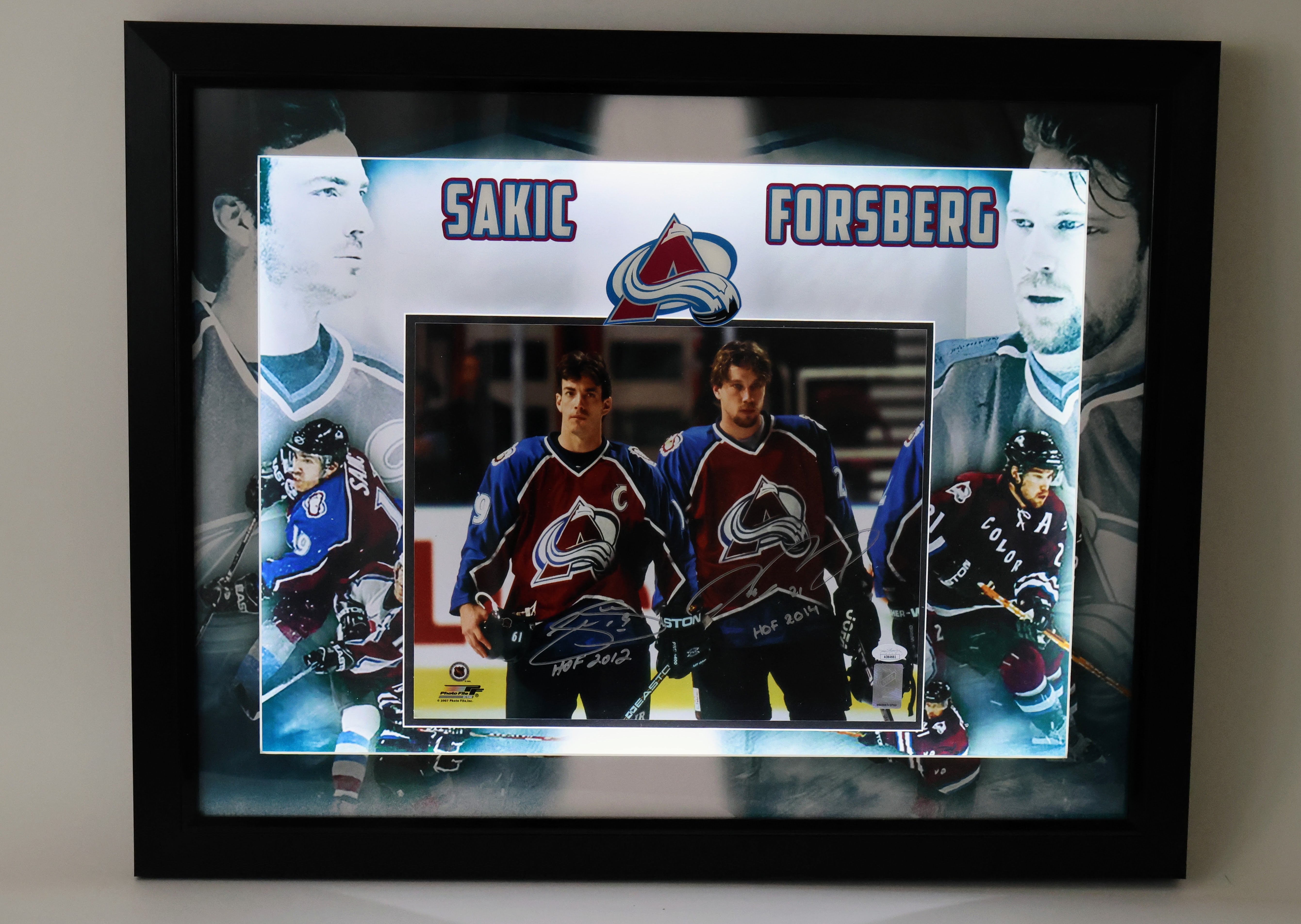 Joe Sakic Peter Forsberg Colorado Avalanche Autographed 11X14 Photo "HOF 2012" & "HOF 2014" Inscription Lighted Shadow Box