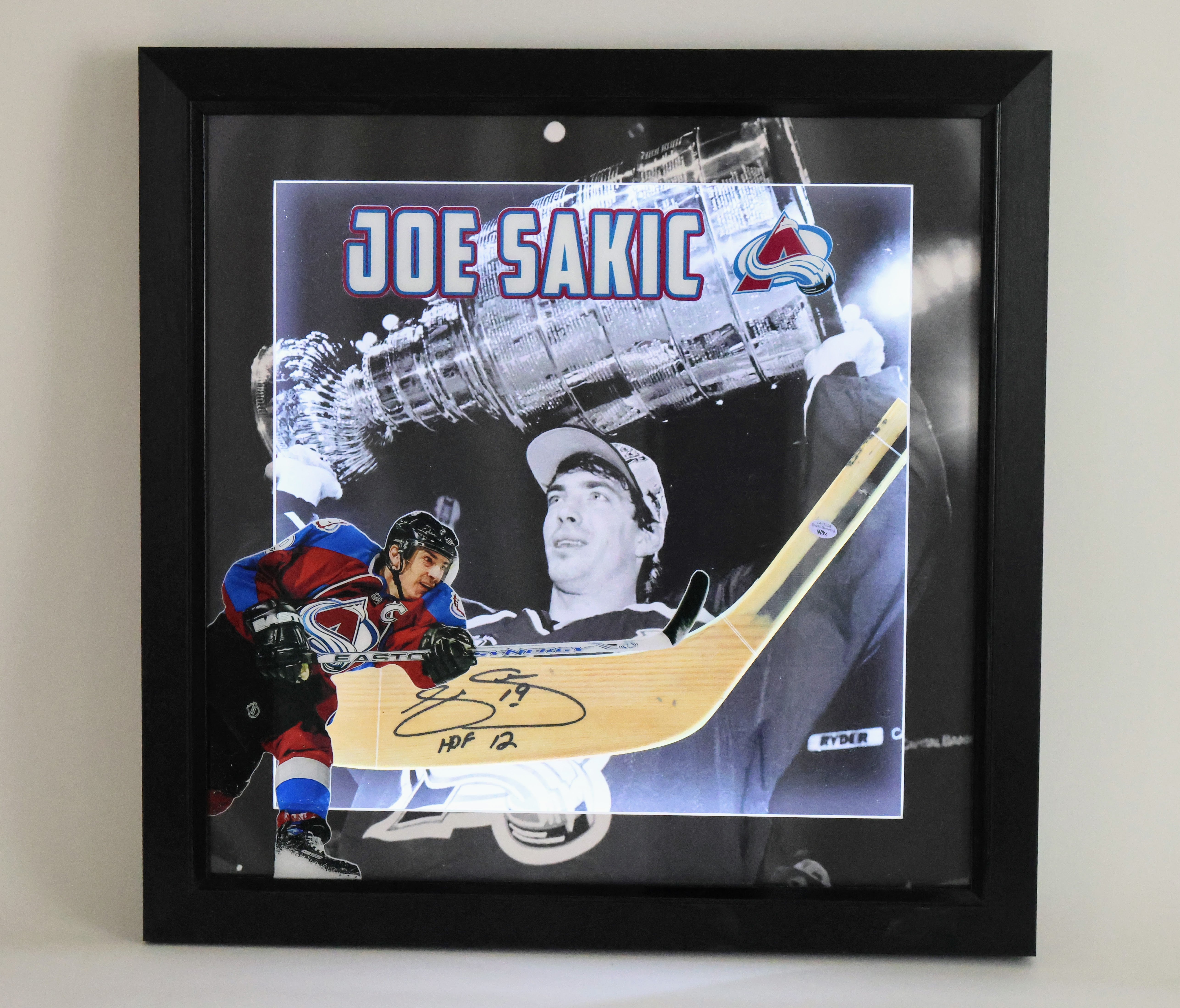 Joe Sakic Autographed Hockey Stick Blade "HOF 12" Inscription Shadowbox