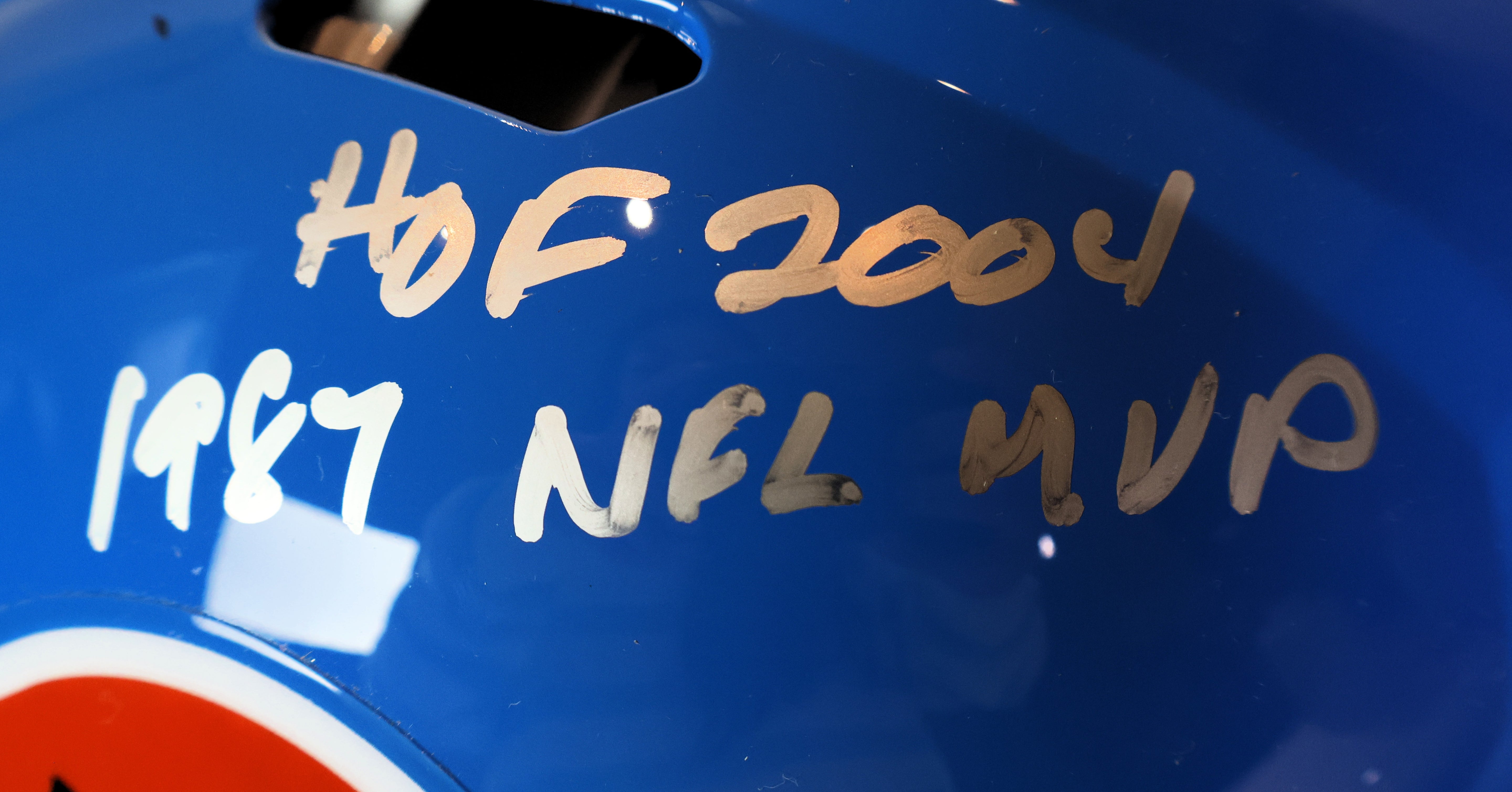 John Elway Autographed Denver Broncos Blue Speed  "D" Logo Authentic Helmet Inscribed "1987 NFL MVP" and "HOF 2004" Beckett COA