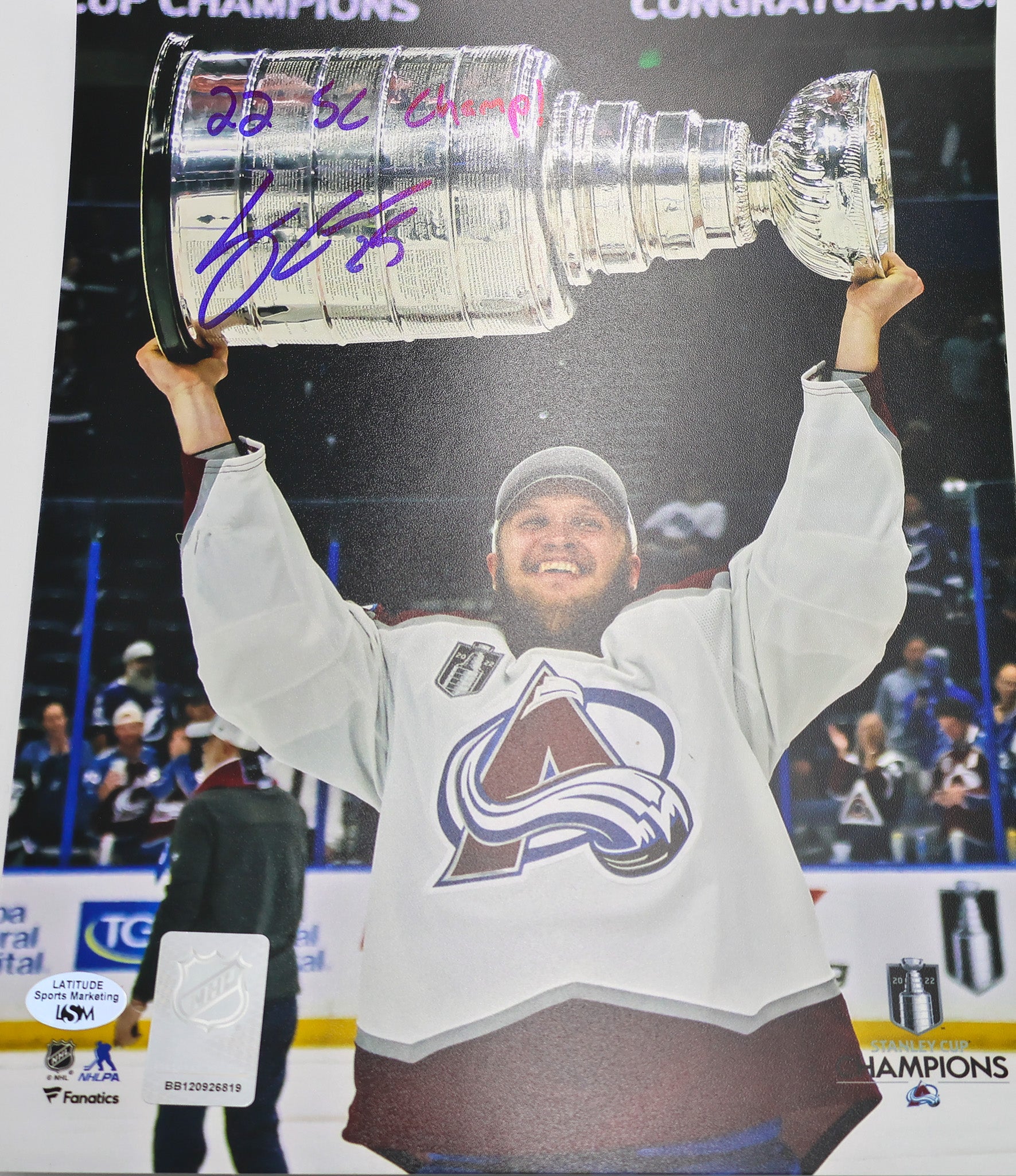 Logan O'Connor Autographed Colorado Avalanche 8x10 Photo Hoisting Stanley Cup Inscribed "22 SC Champ!"