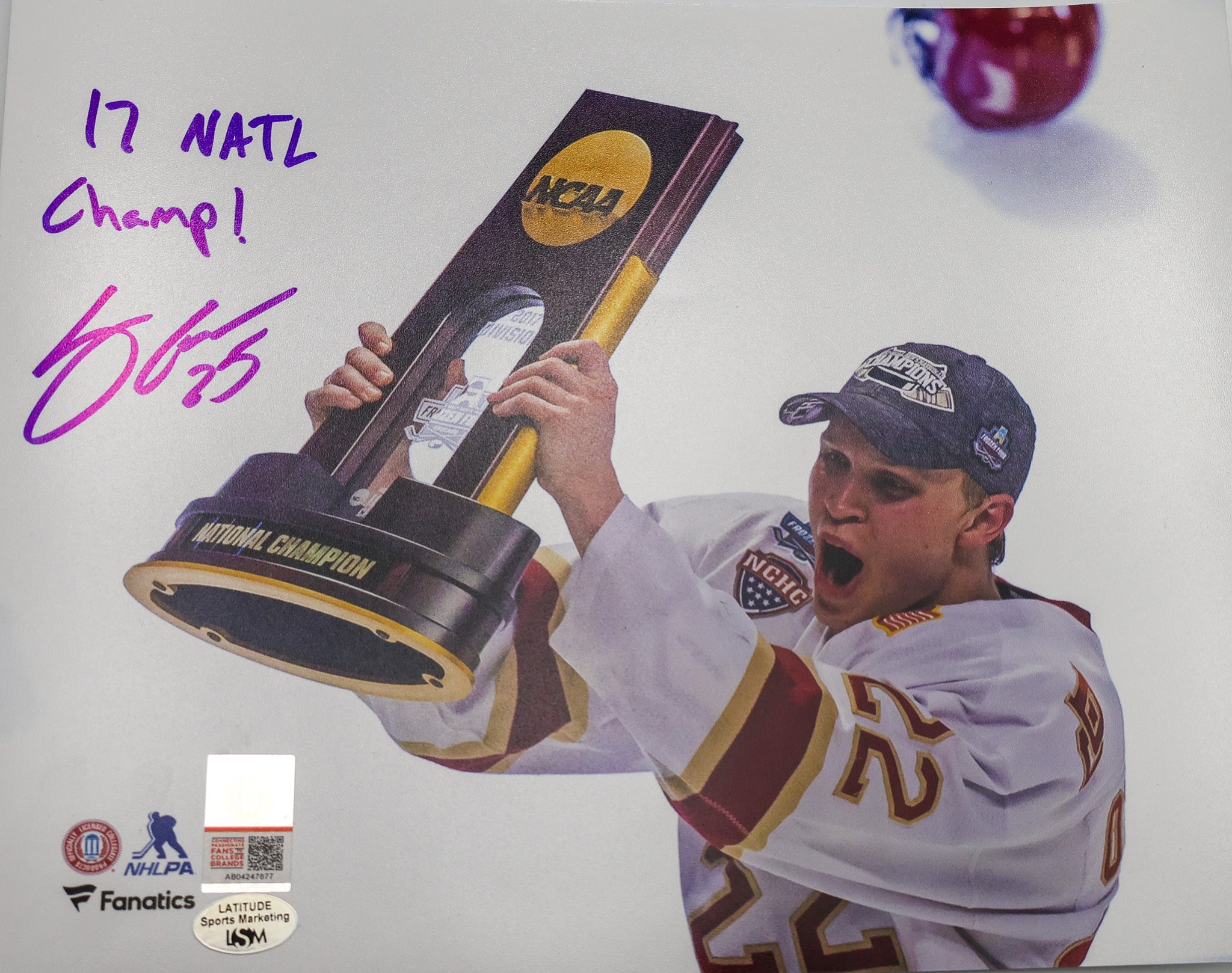 Logan O'Connor Autographed 8x10 Denver University Photo "17 NATL Champ!" Inscription