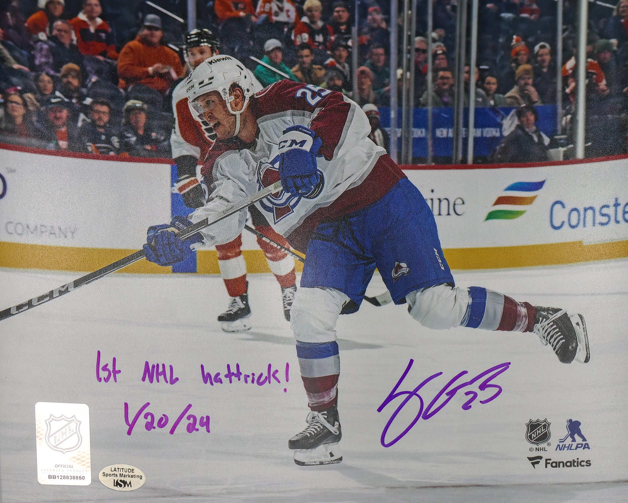 Logan O'Connor Autographed Colorado Avalanche 8x10 Photo "1st NHL Hatrick!" "1/20/24" Inscription