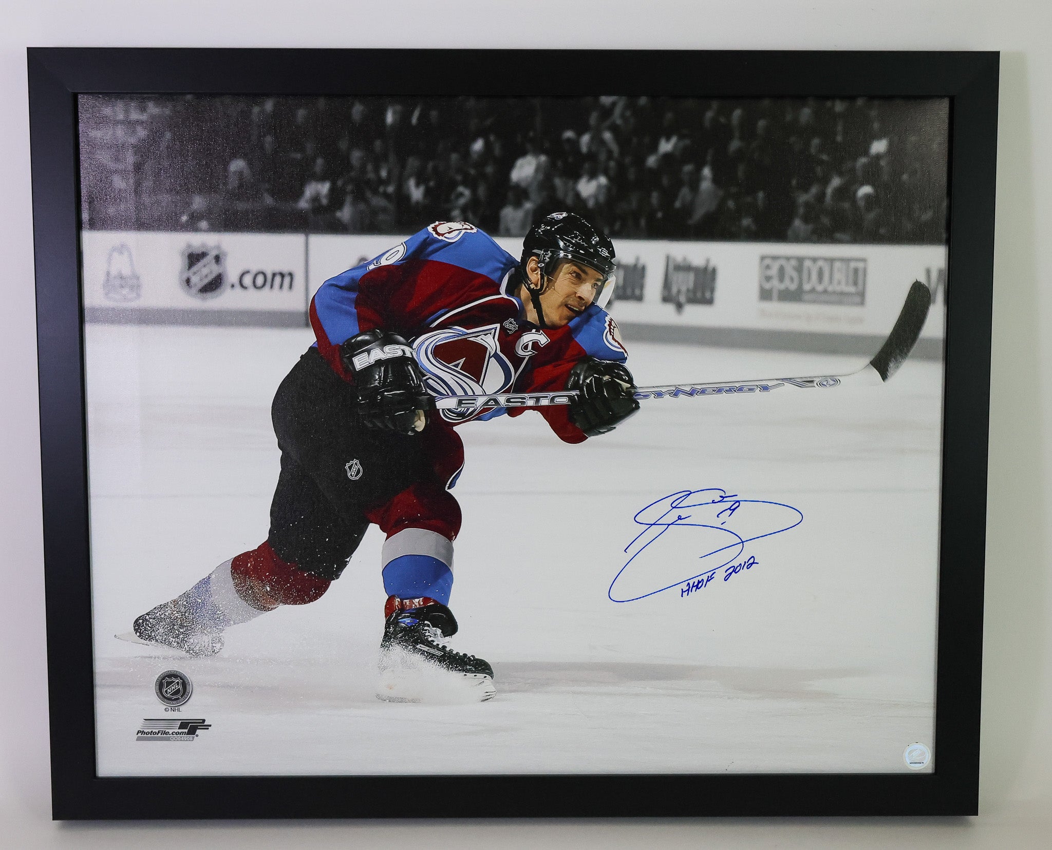 Joe Sakic Autographed Colorado Avalanche Art Piece on Canvas Framed (26x32) LSM COA