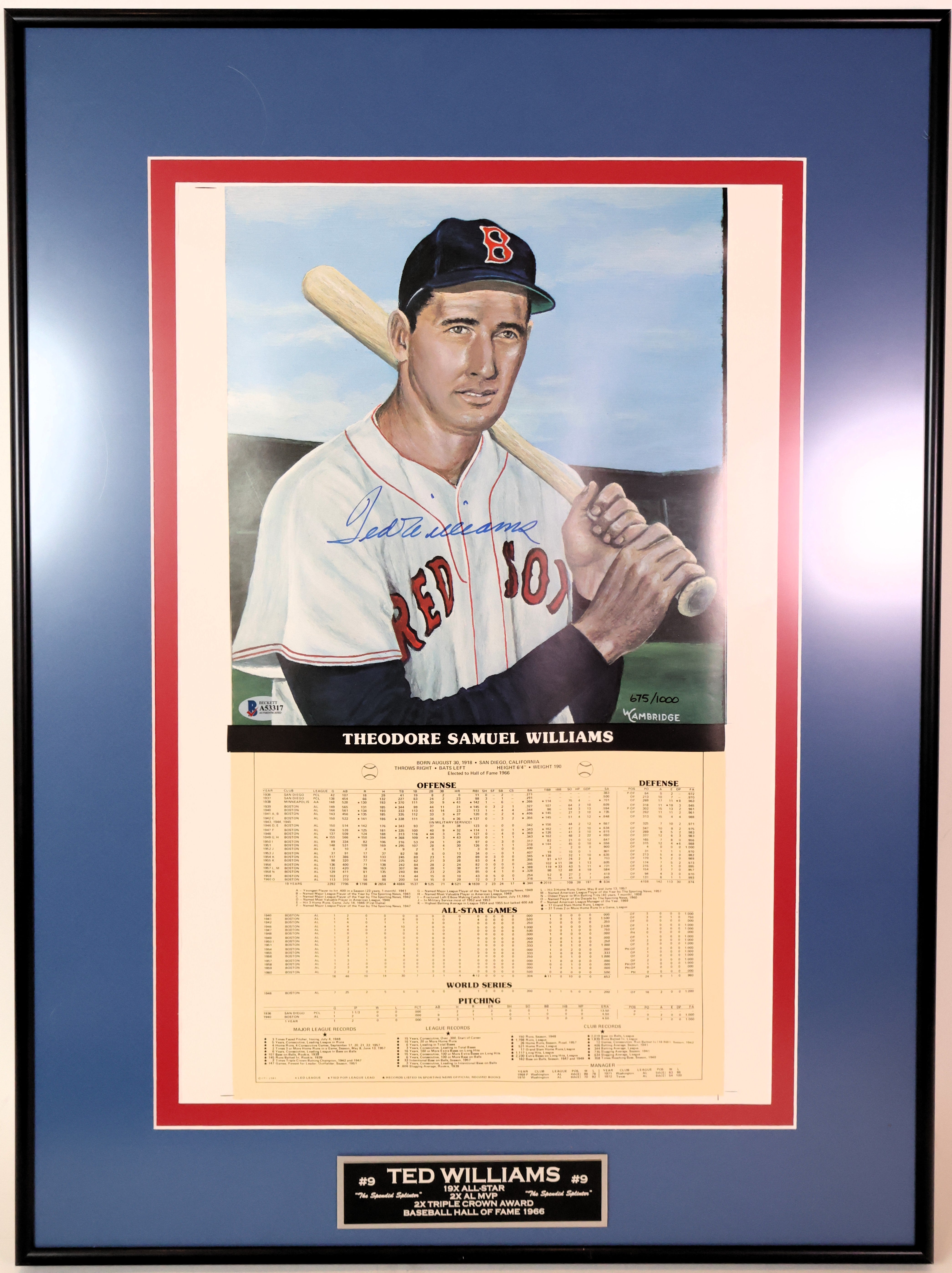 Ted Williams Autographed 16x20 Stats Photo Framed Beckett LOA