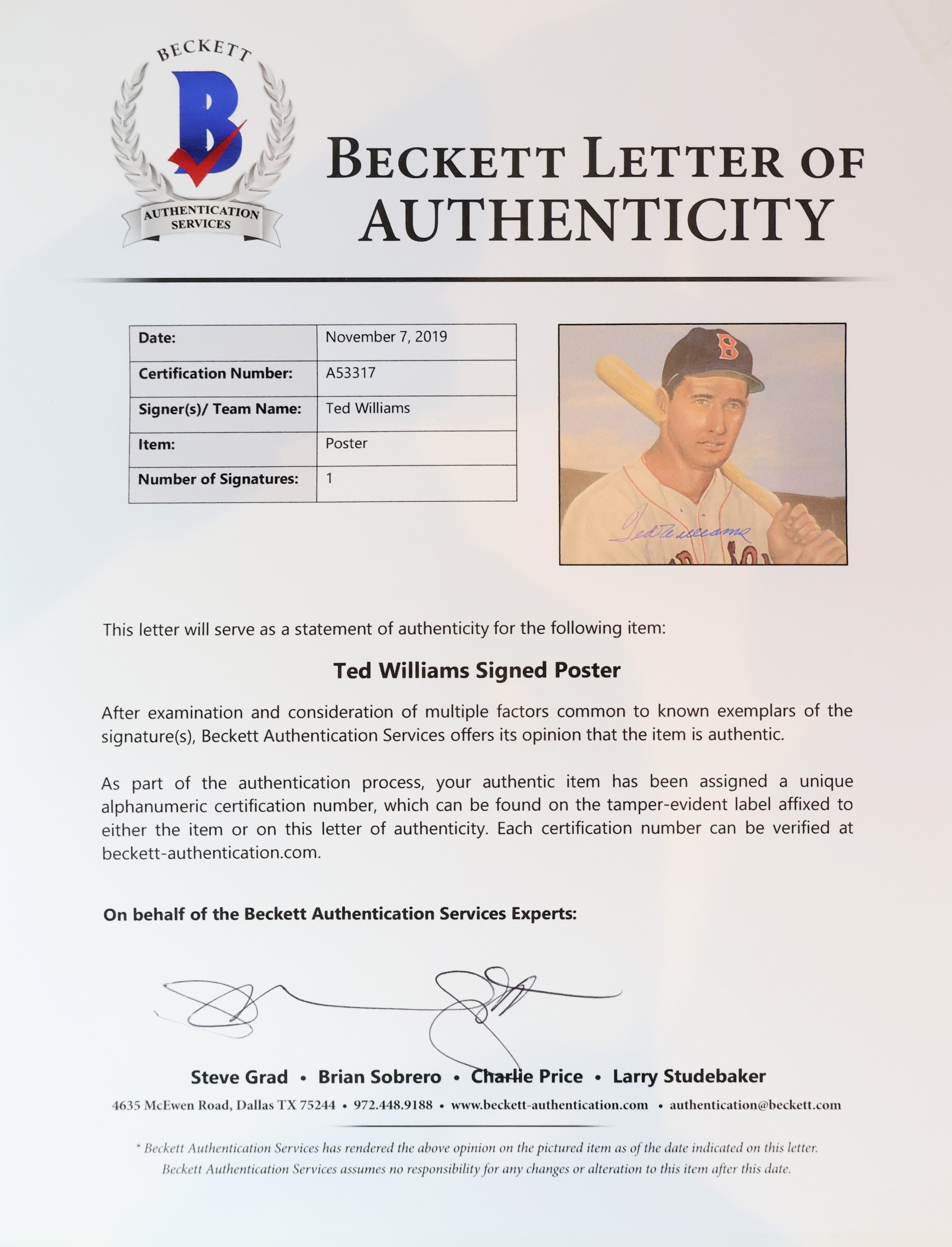 Ted Williams Autographed 16x20 Stats Photo Framed Beckett LOA