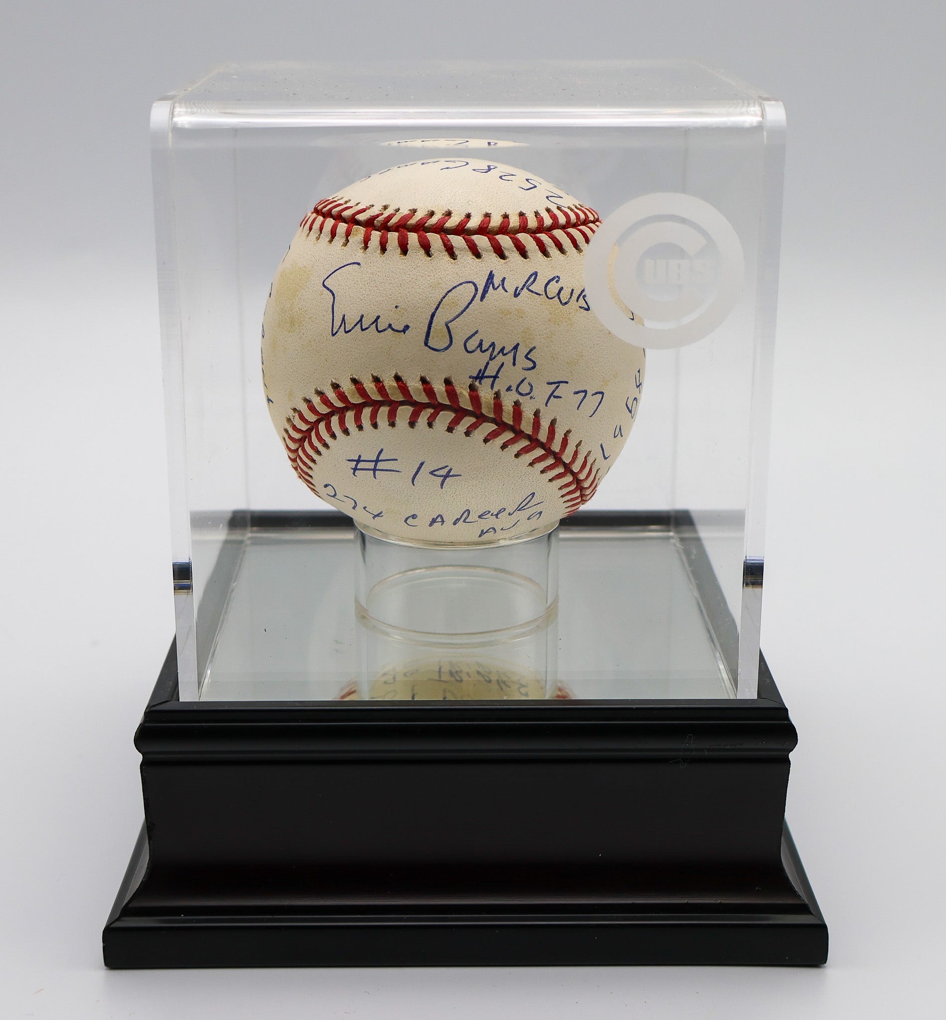 Ernie Banks Autographed baseball "H.O.F 77" "2528 Games 9421 At Bats 2583 Hits 1305 Runs 1636 RBIs" "#14 .274 Career Avg 407 Doubles 90 Triples" "5 Grand Slams in 1955 512 Home Runs" "#500/1000 1958 NL MVP 1959 NL MVP" #188/1000