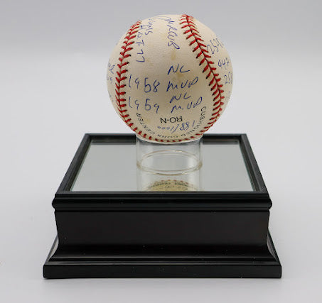 Ernie Banks Autographed baseball "H.O.F 77" "2528 Games 9421 At Bats 2583 Hits 1305 Runs 1636 RBIs" "#14 .274 Career Avg 407 Doubles 90 Triples" "5 Grand Slams in 1955 512 Home Runs" "#500/1000 1958 NL MVP 1959 NL MVP" #188/1000