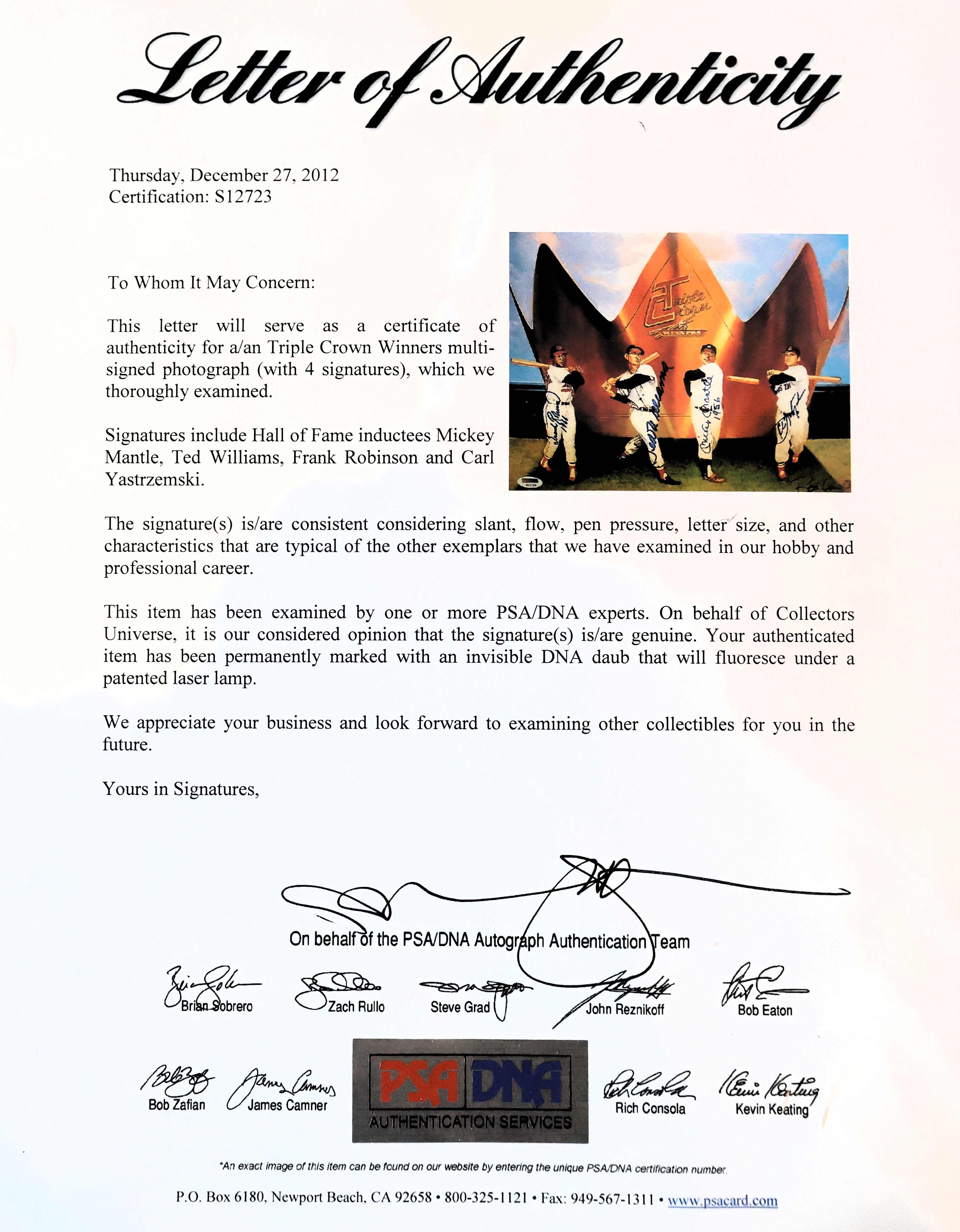 Triple Crown Winners (Robinson, Williams, Mantle, Yastrzemski) Autographed 11x14 Photo Framed PSA LOA