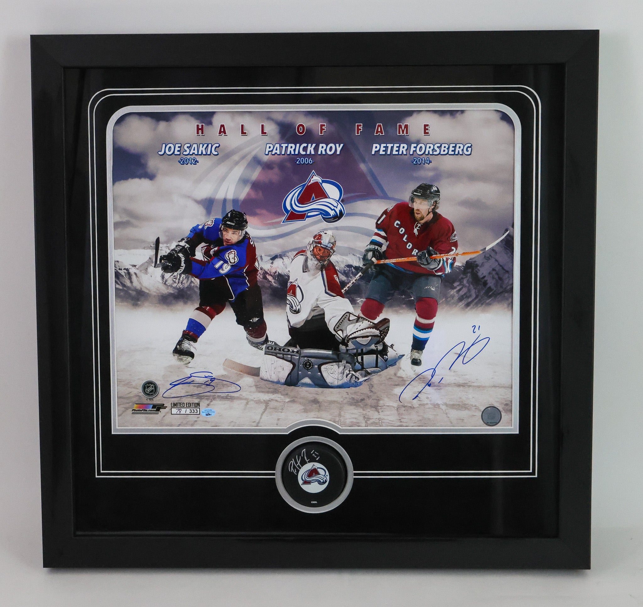 Joe Sakic & Peter Forsberg Autographed 16x20 with Patrick Roy Autographed Hockey Puck (JSA COA)