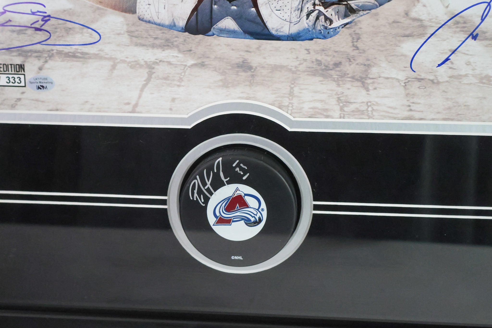 Joe Sakic & Peter Forsberg Autographed 16x20 with Patrick Roy Autographed Hockey Puck (JSA COA)