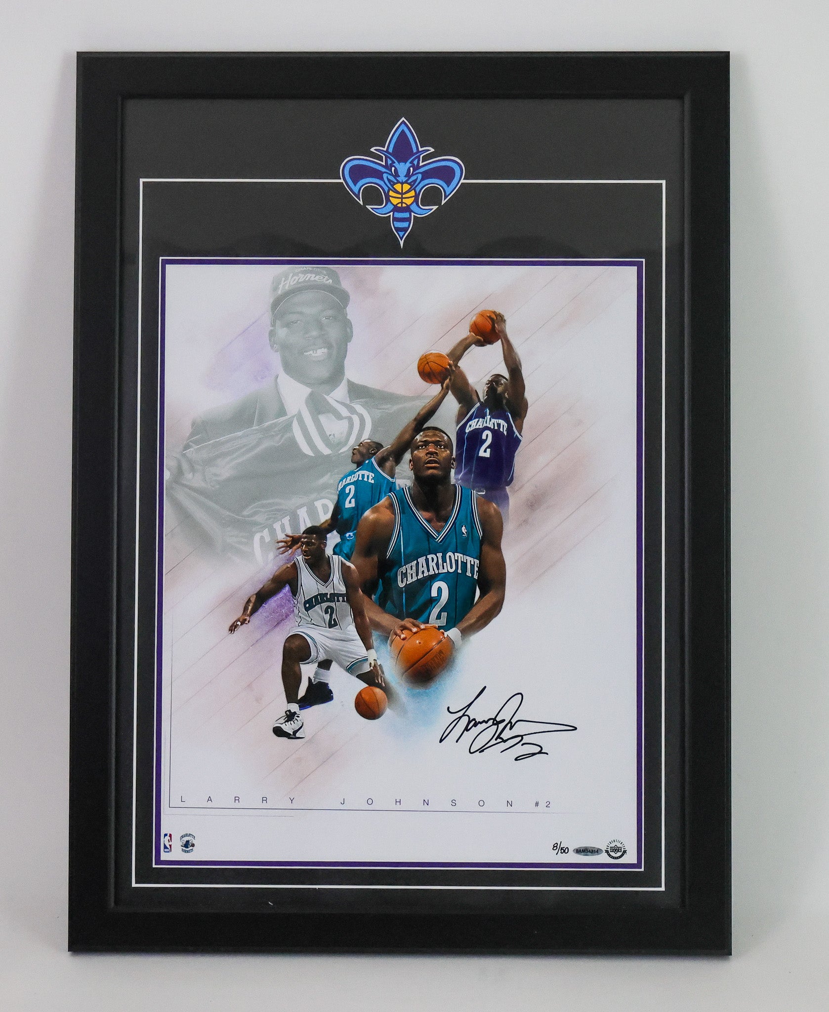Larry Johnson Autographed 16x20 Charlotte Hornets Photo with Deluxe Frame (UDA COA)