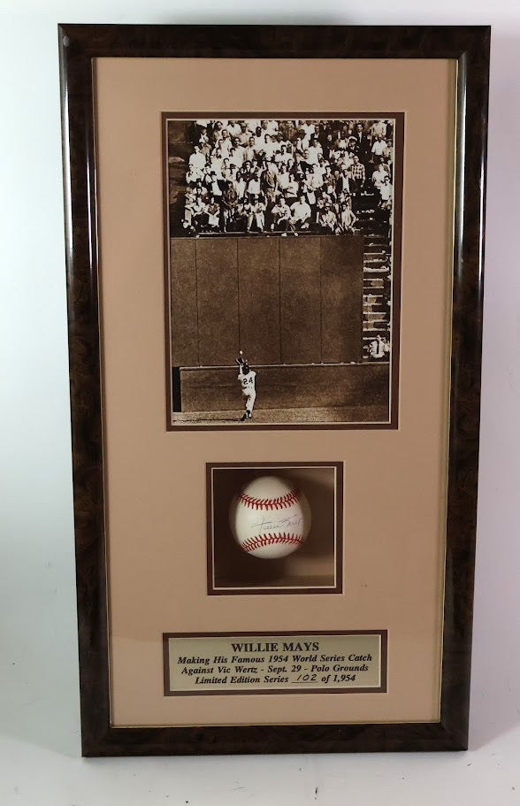 Willie Mays Autographed Baseball Framed w/ 8x10 Photo Stacks of Plaques COA