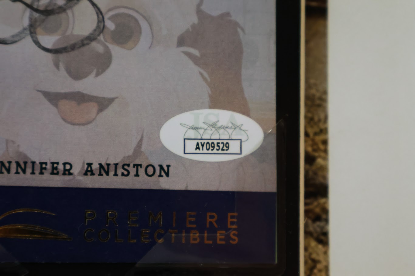 Jennifer Aniston Autographed "Clydeo" Card with Poster Framed JSA COA