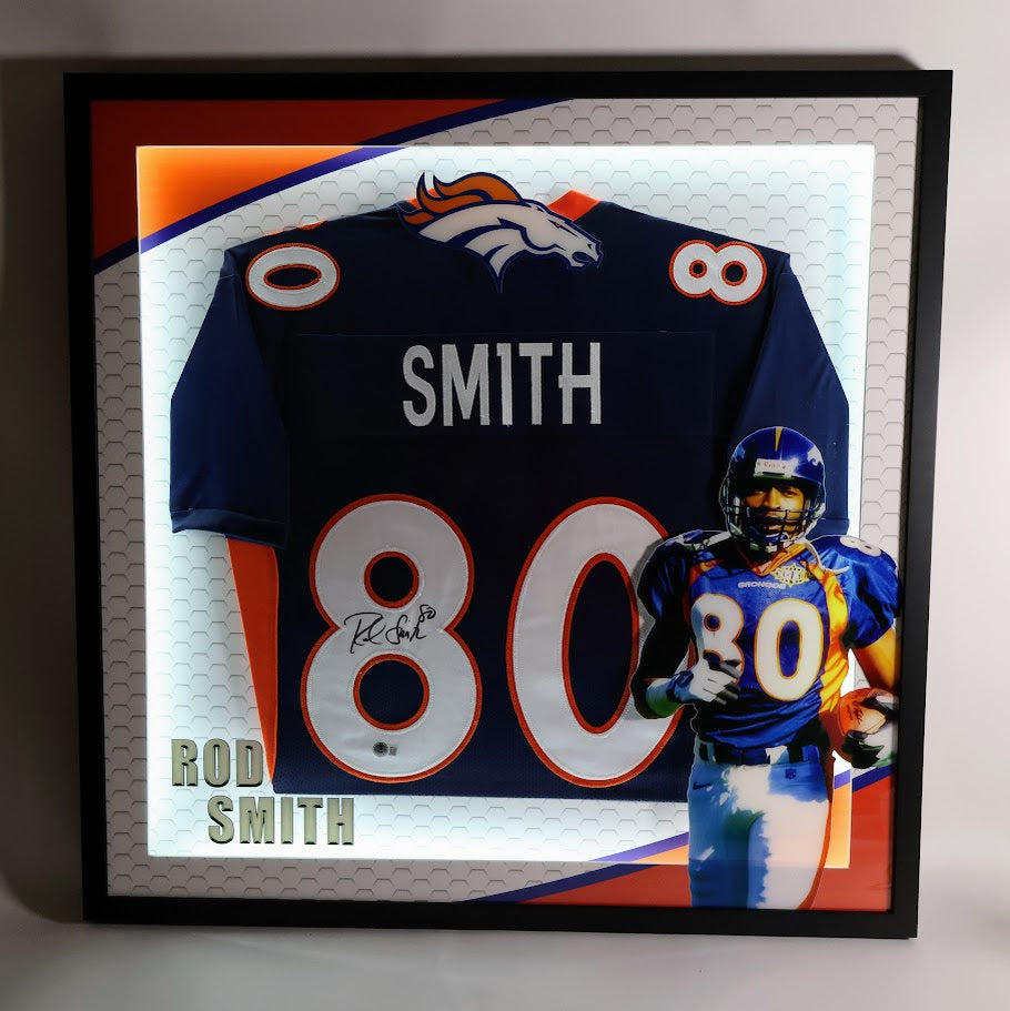 Rod Smith Autographed Denver Broncos Navy Custom Jersey Lighted Framed Beckett COA