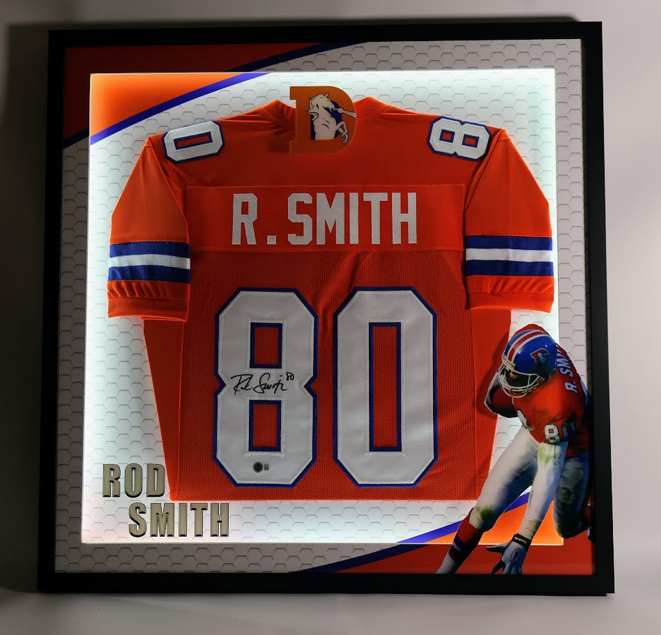 Rod Smith Autographed Denver Broncos Orange Custom Jersey Lighted Framed Beckett COA