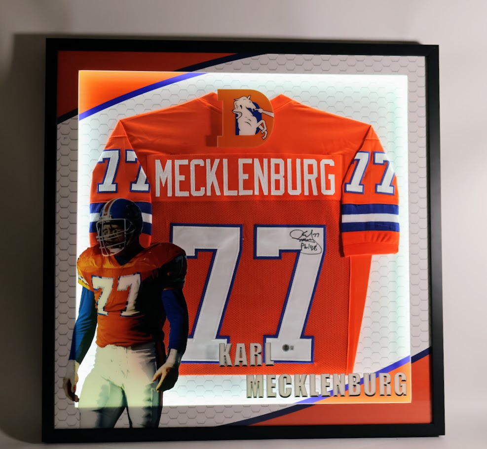Karl Mecklenburg Autographed Denver Broncos Orange Custom Jersey Lighted Framed Beckett COA