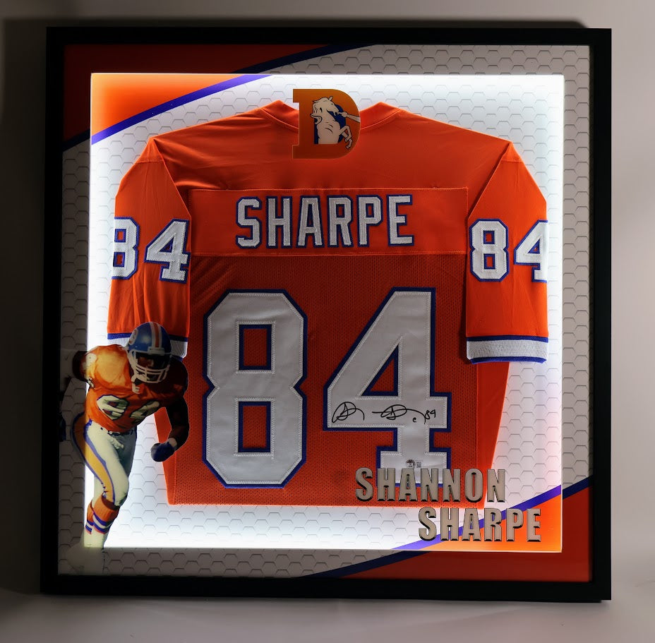 Shannon Sharpe Autographed Denver Broncos Orange Custom Jersey Lighted Framed Beckett COA
