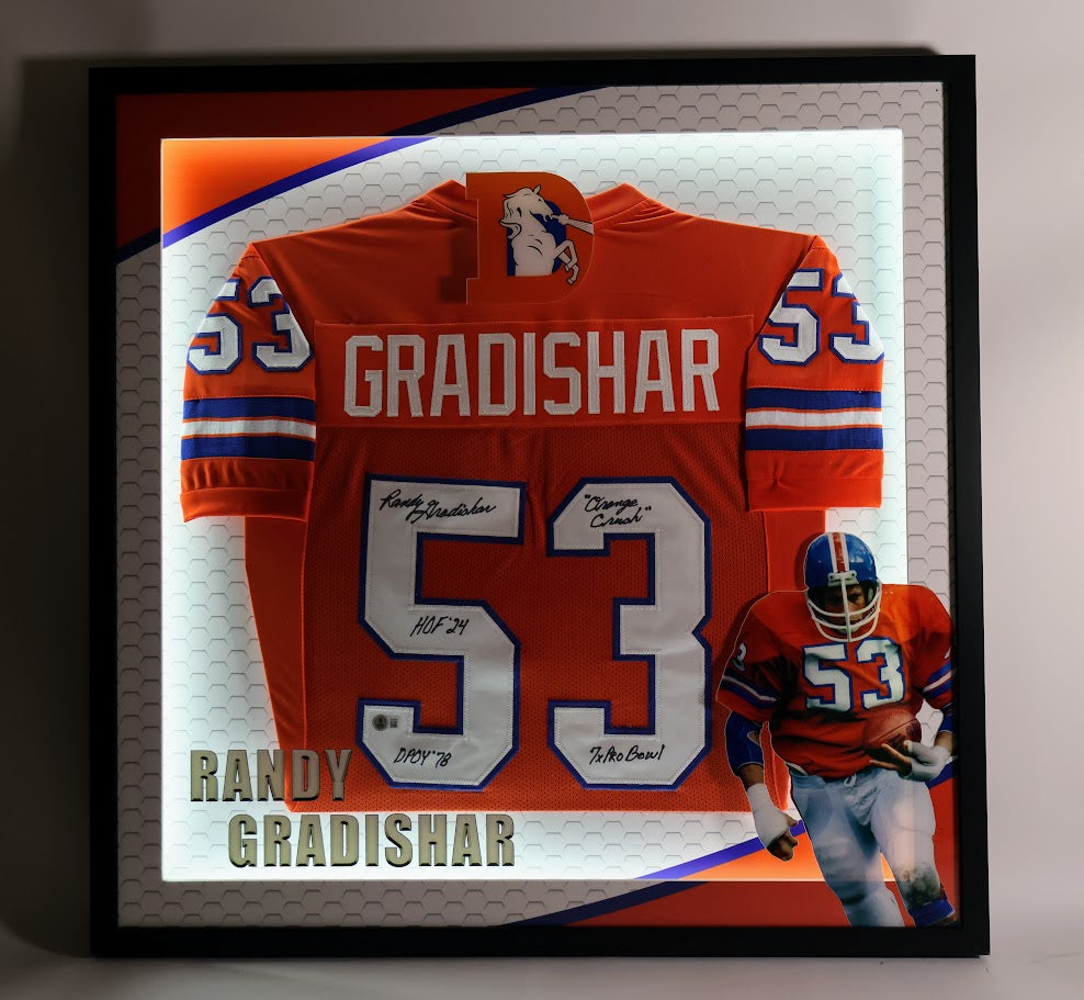 Randy Gradishar Autographed Denver Broncos Orange Custom Jersey w/ 4 Inscriptions Lighted Framed Beckett COA