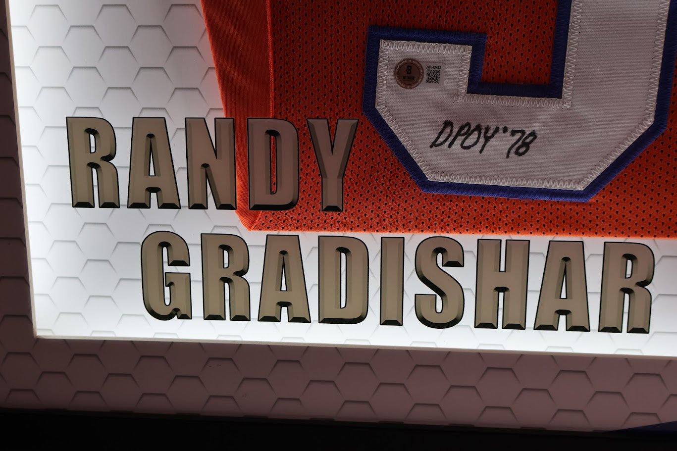 Randy Gradishar Autographed Denver Broncos Orange Custom Jersey w/ 4 Inscriptions Lighted Framed Beckett COA