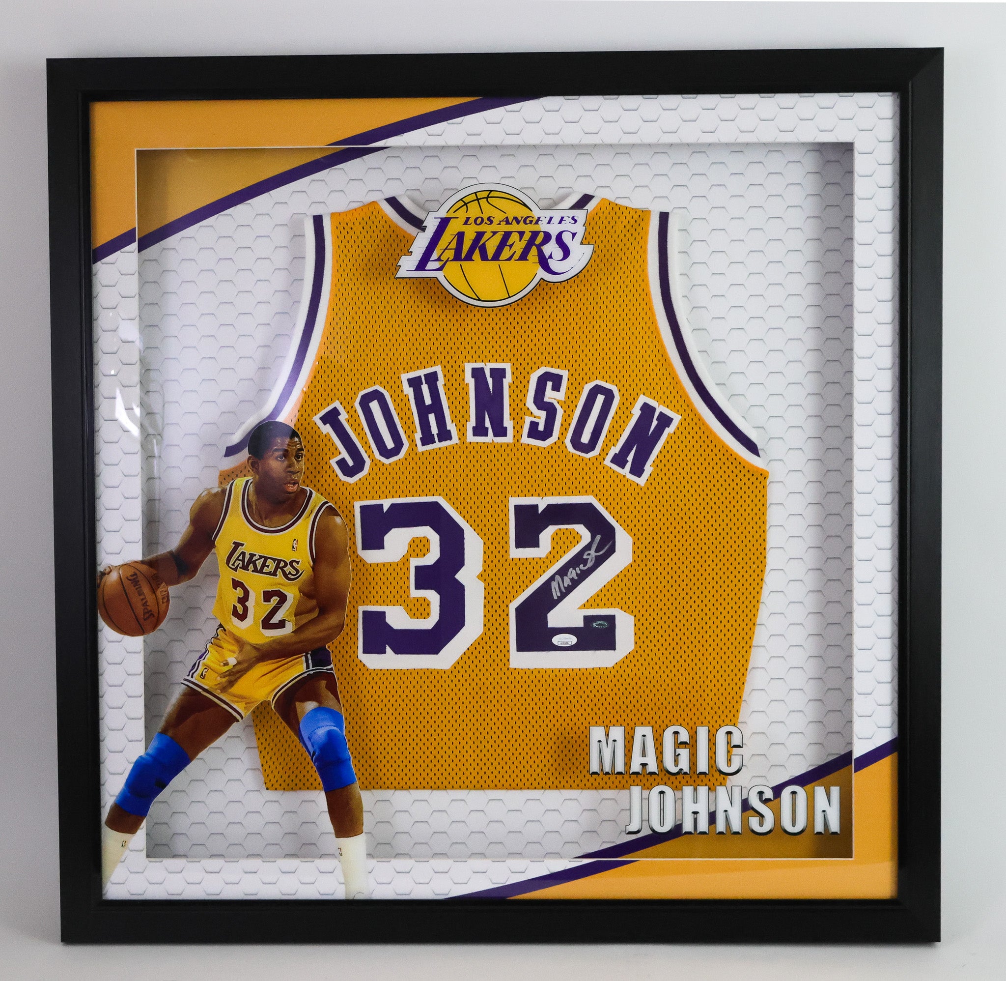 Magic Johnson Autographed Los Angeles Lakers Shadow Box Framed Jersey JSA COA