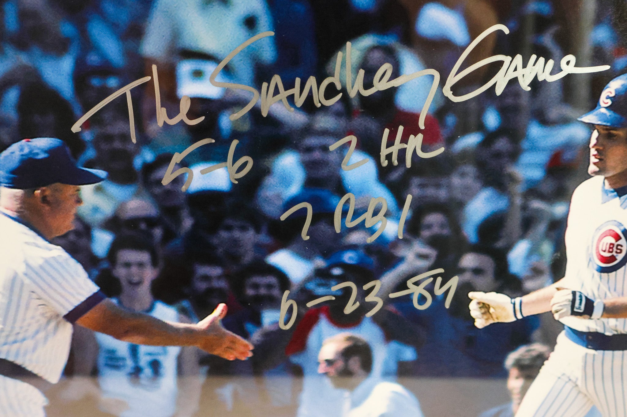 Ryne Sandberg Autographed Chicago Cubs 16X20 Photo "The Sandberg Game 5-6 2 HR 7 RBI 6-23-84" Inscription