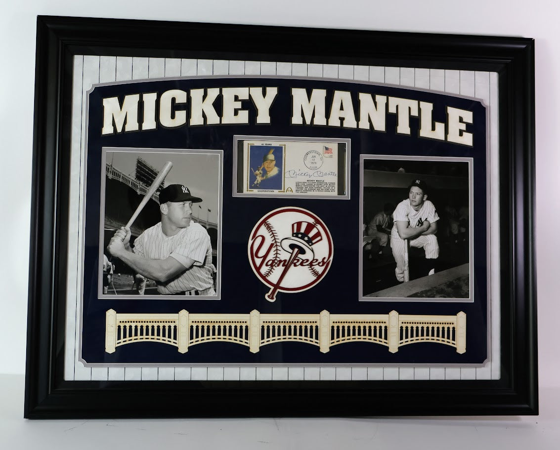 Mickey Mantle Autographed Post Card w/ Photos Framed PSA COA