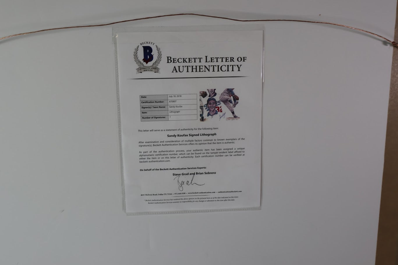 Sandy Koufax Autographed 16x20 Drawing Photo Framed Beckett COA