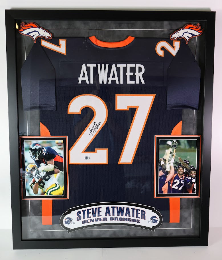 Steve Atwater Autographed Denver Broncos Navy Jersey w/ HOF Inscription Deluxe Framed Beckett COA