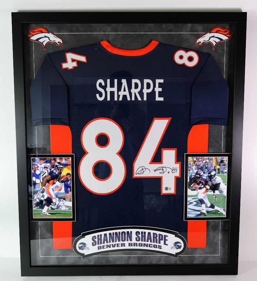 Shannon Sharpe Autographed Denver Broncos Navy Jersey Deluxe Framed Beckett COA