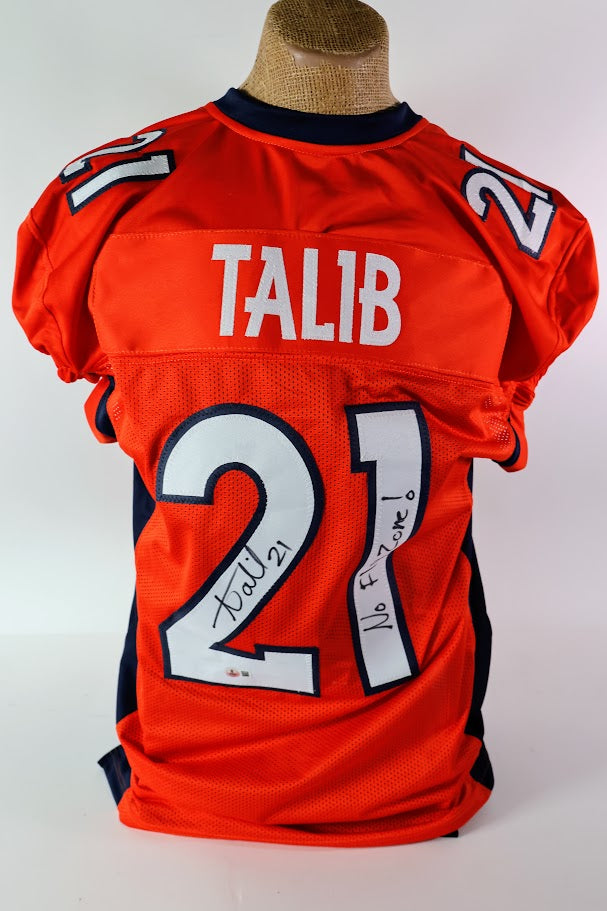 Aqib Talib Autographed Denver Broncos Custom Orange Jersey w/ No Fly Zone Inscription Beckett COA