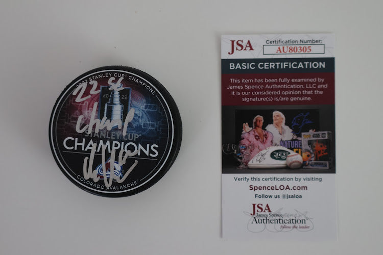 Artturi Lehkonen Autographed 2022 Stanley Cup Champions Avalanche Puck inscribed "22 SC Champ" JSA COA