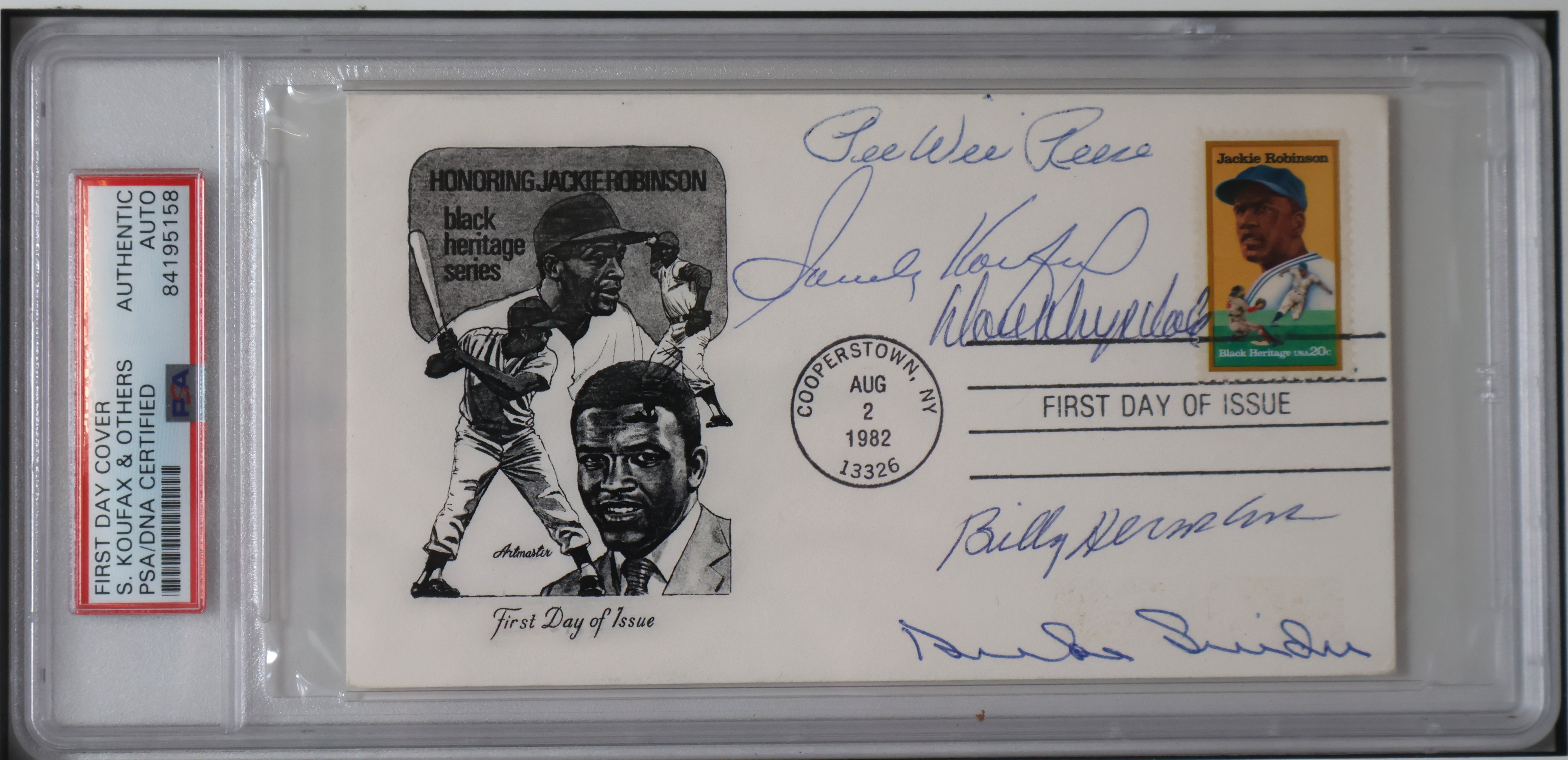 Jackie Robinson First Day Cover Cachet - Signed by Sandy Koufax, Duke Snider, Billy Herman, Pee Wee Reese, Don Drysdale