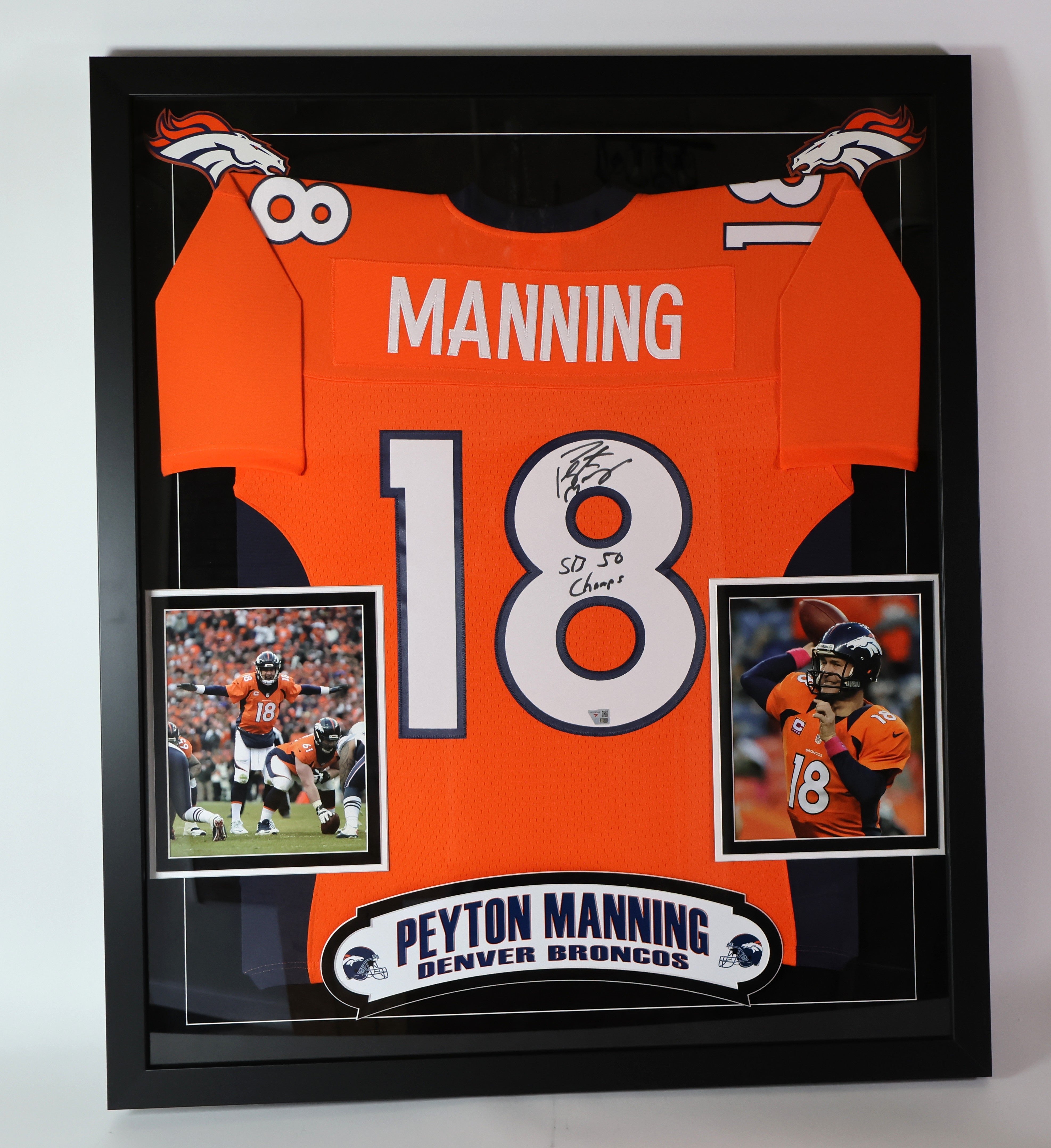 Peyton Manning Autographed Denver Broncos Jersey - Inscribed 'SB 50 Champs' with 8x10 Photos