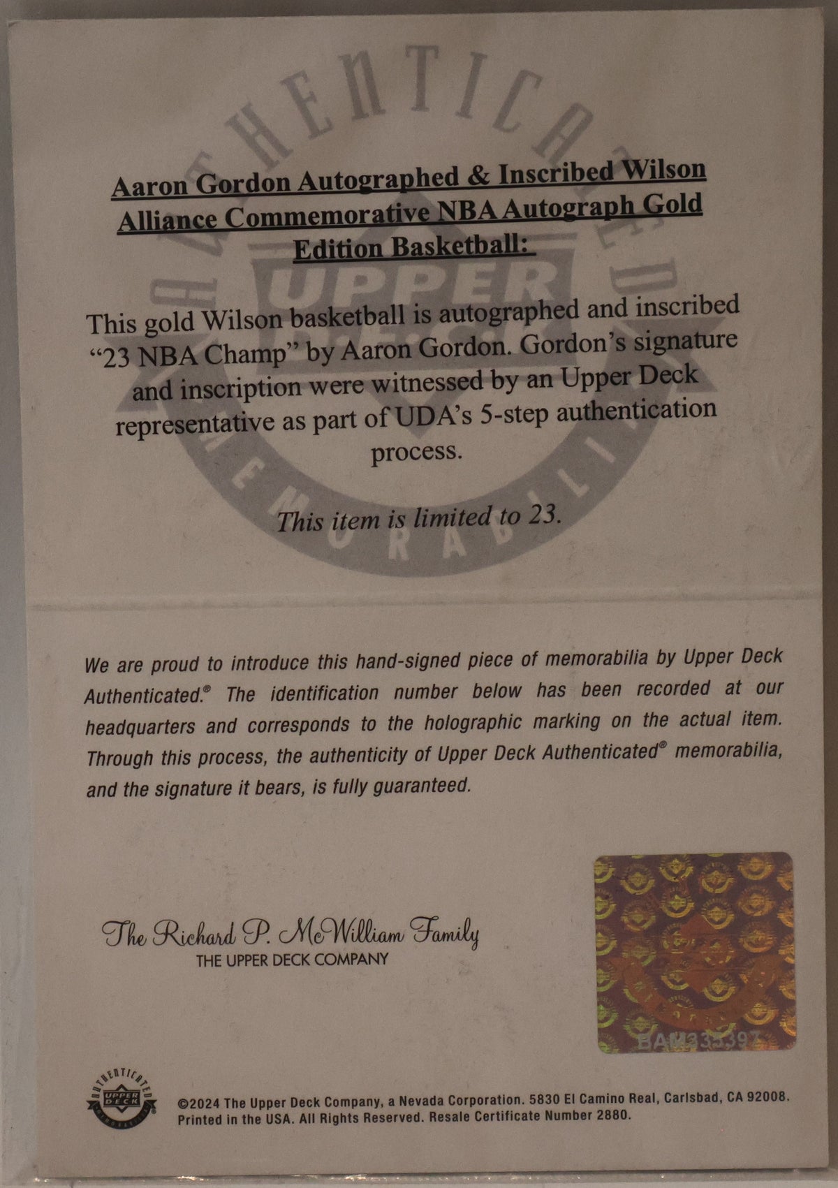 Aaron Gordon Autographed Wilson Gold Basketball with "23 NBA Champ" Inscription - Upper Deck COA