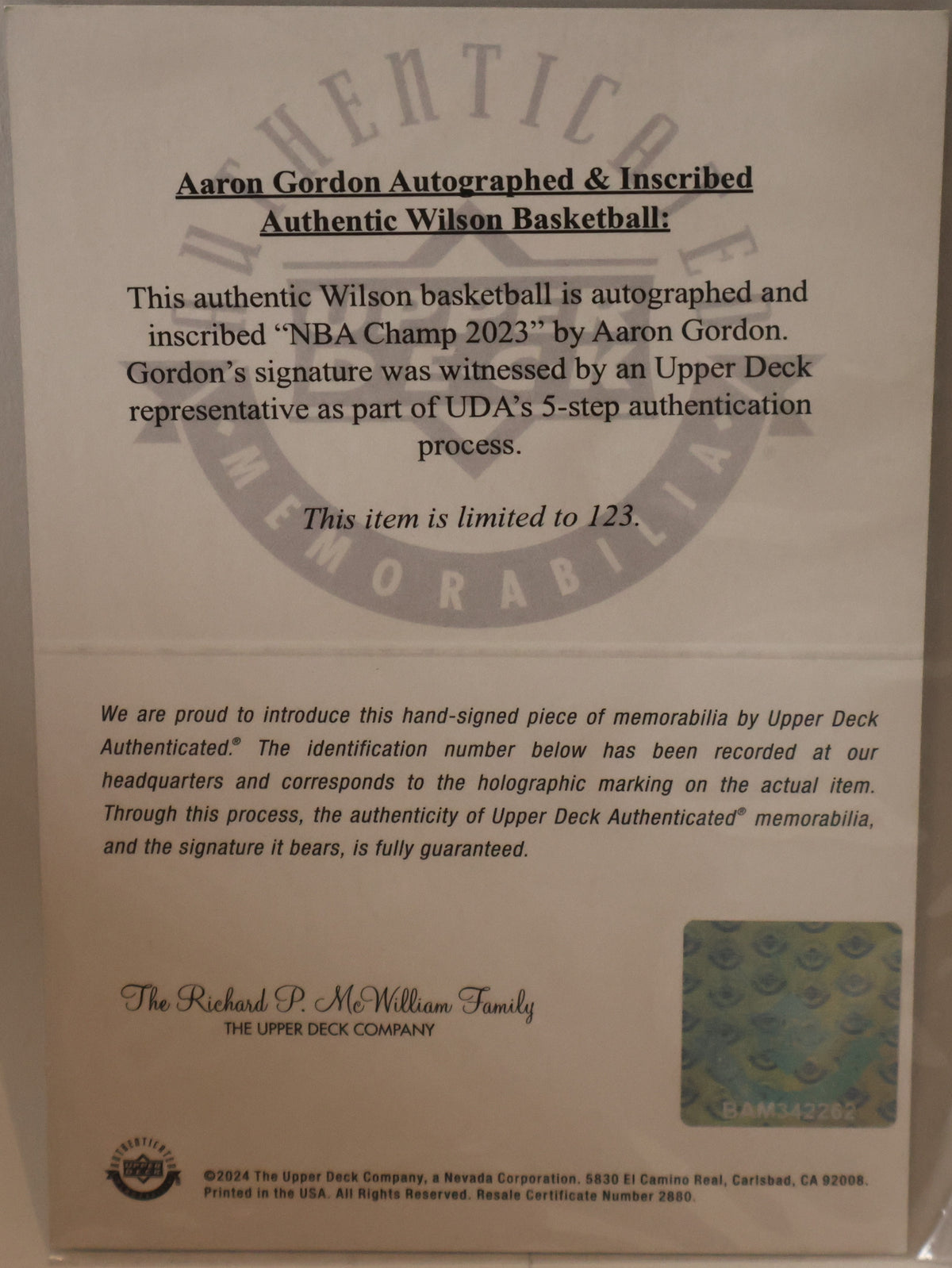Aaron Gordon Autographed Wilson Basketball with "NBA Champ 2023" Inscription - Upper Deck COA
