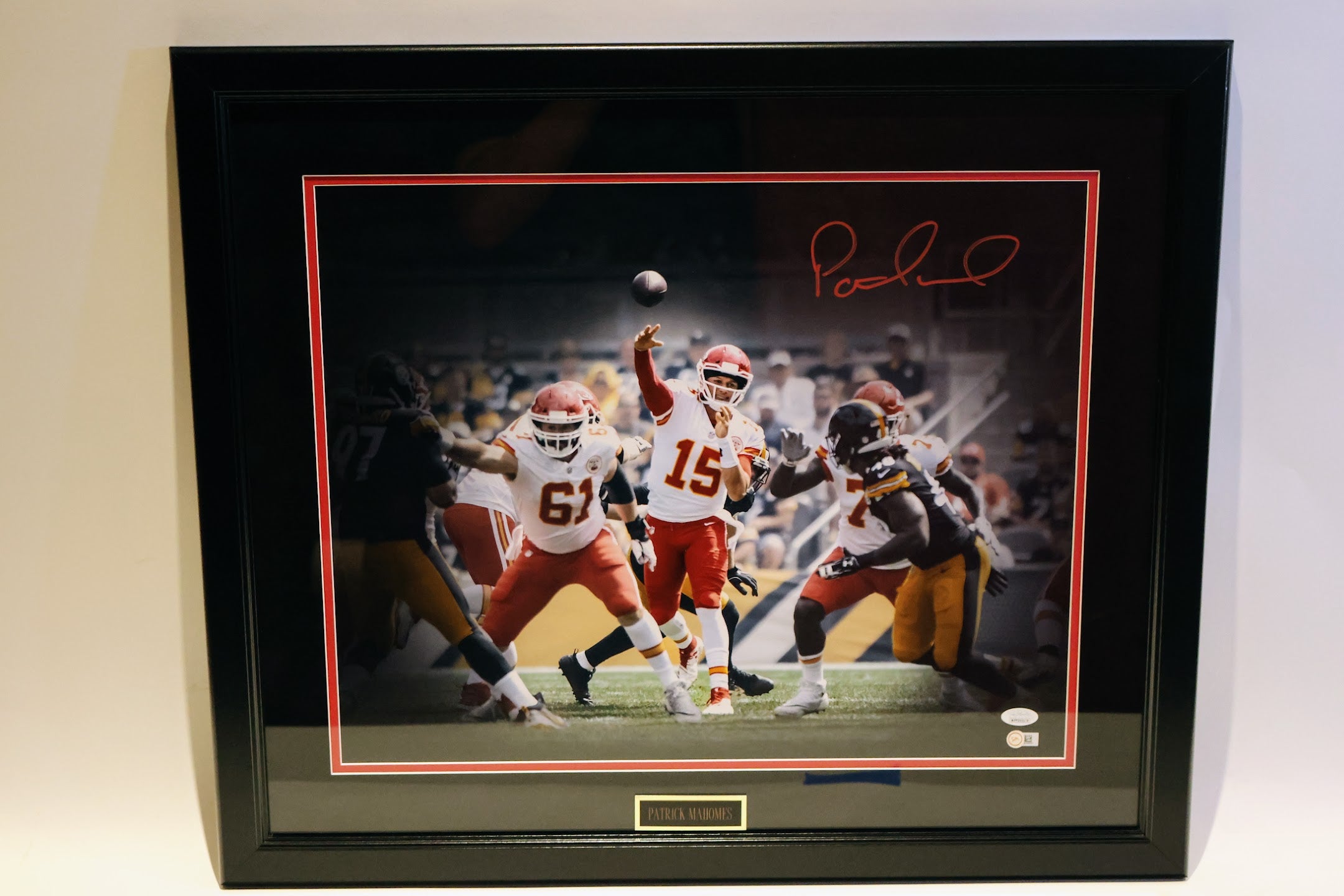 Patrick Mahomes Autographed 16x20 Photo Framed 23x26 JSA COA