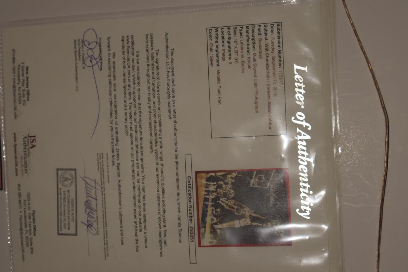 Wilt Chamberlin & Kareem Abdul-Jabbar Autographed 27x23 Framed Action photo (Fanatics COA) (JSA LOA)