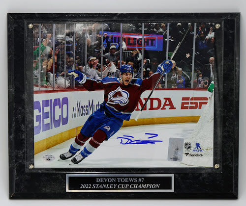 Devon Toews Autographed Colorado Avalanche Burgundy Jersey 8x10 Photo With Plaque