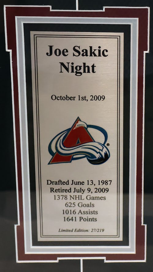 Joe Sakic Night Autographed Ticket Display with Photo & Engraved Plaque - JSA Certified