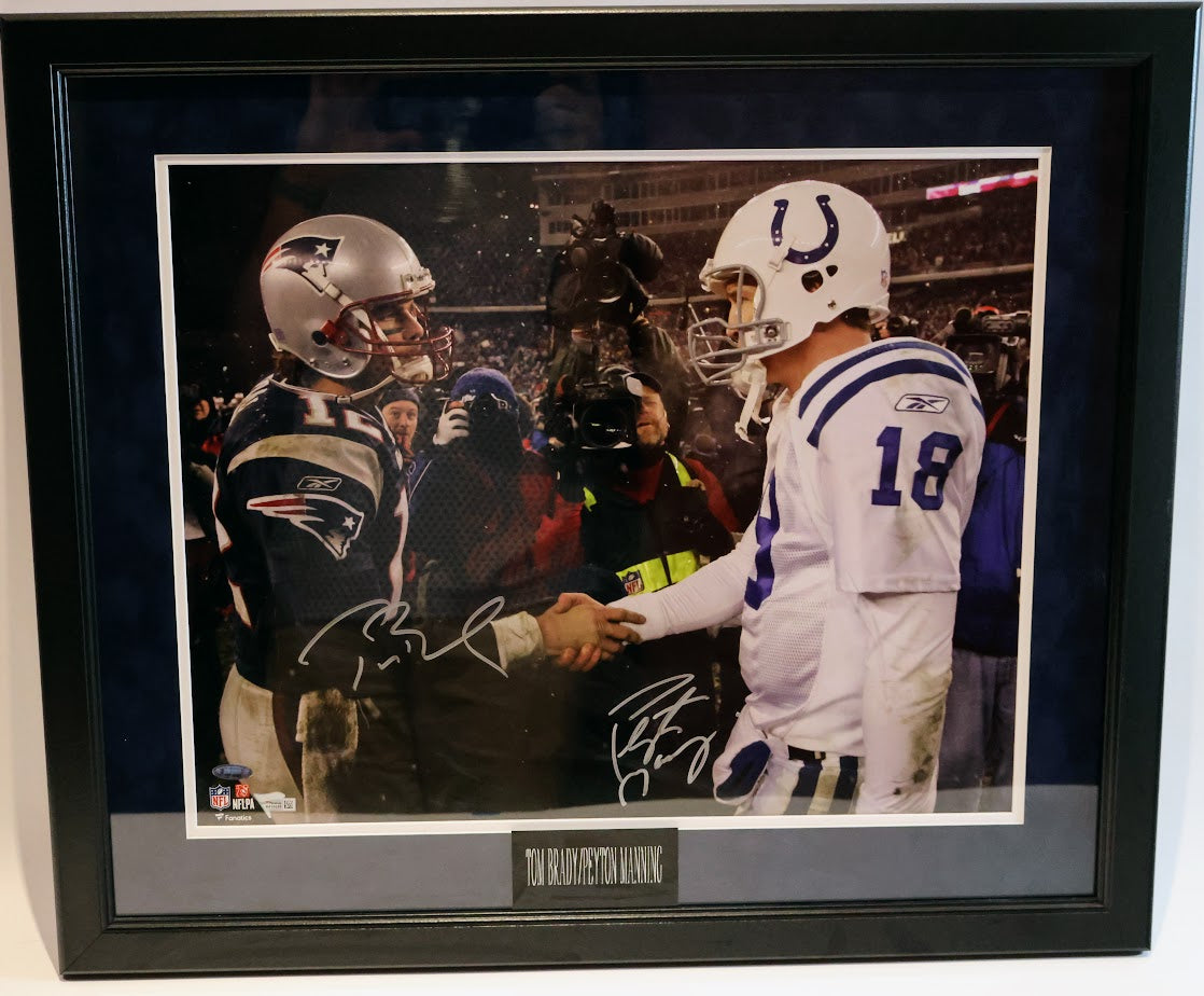 Tom Brady & Peyton Manning Autographed Patriots/Colts Handshake 16x20 Framed 23x27 Photo - (Fanatics & TriStar COAs)