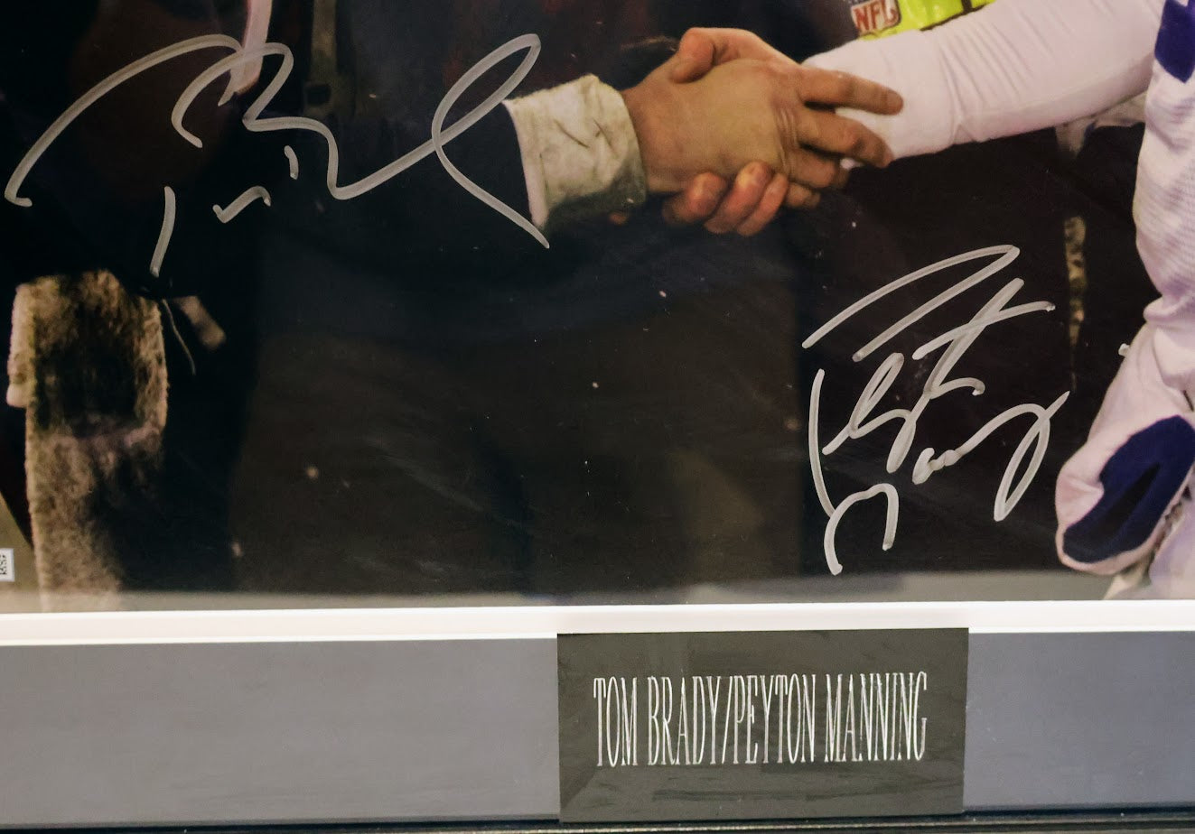 Tom Brady & Peyton Manning Autographed Patriots/Colts Handshake 16x20 Framed 23x27 Photo - (Fanatics & TriStar COAs)